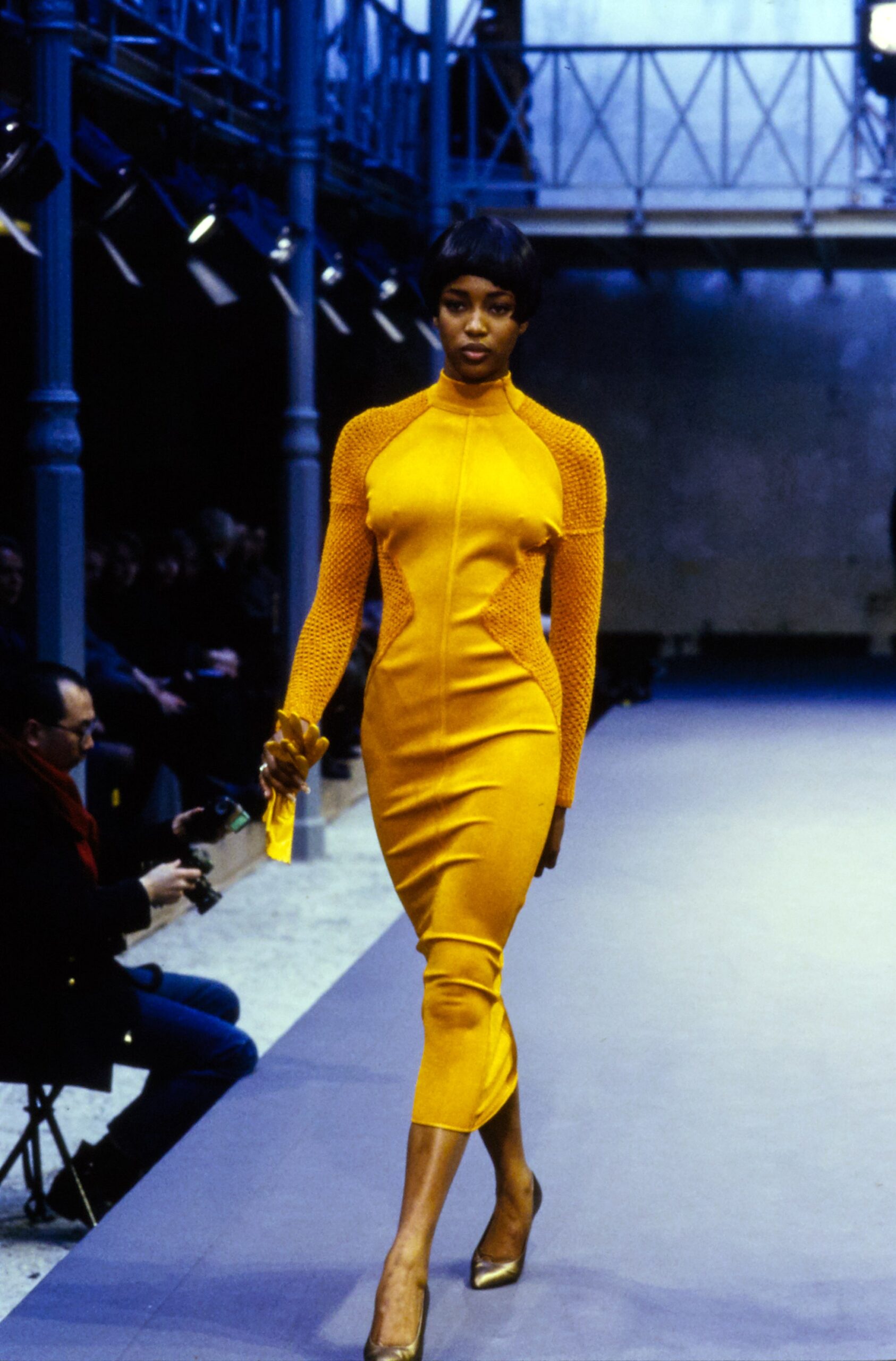 fitted yellow long-sleeve dress