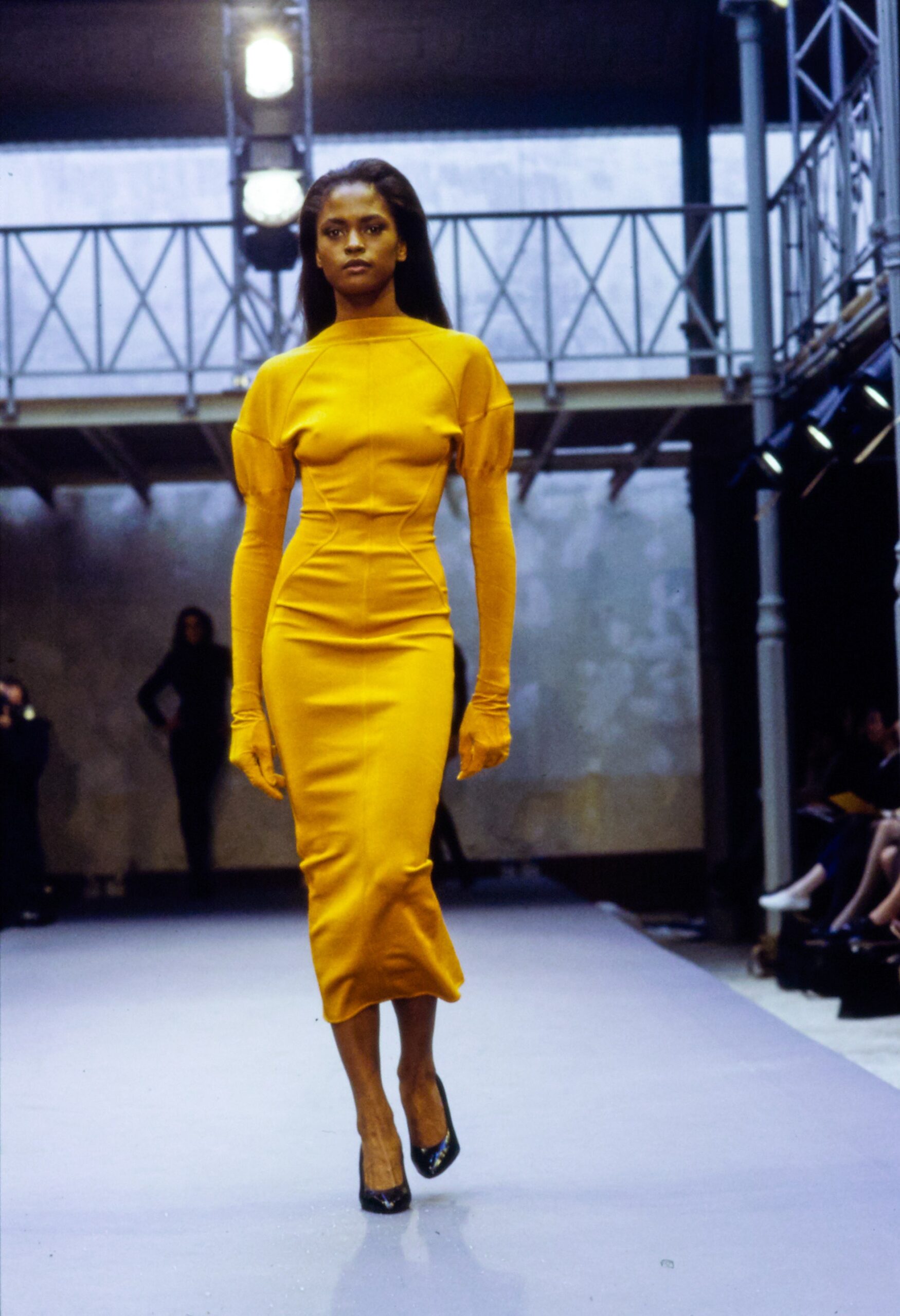 fitted yellow midi dress