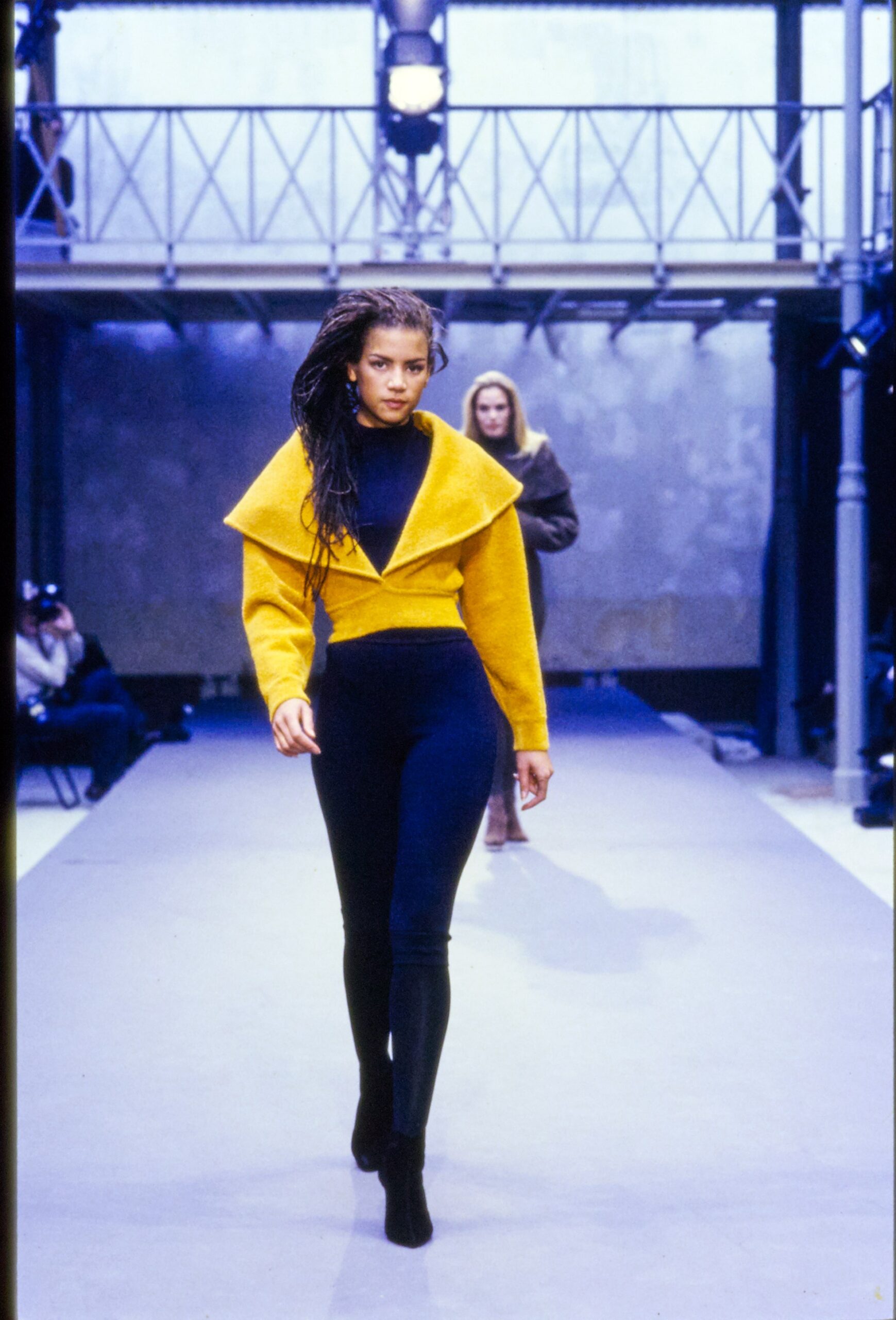 yellow wool jacket and black pants