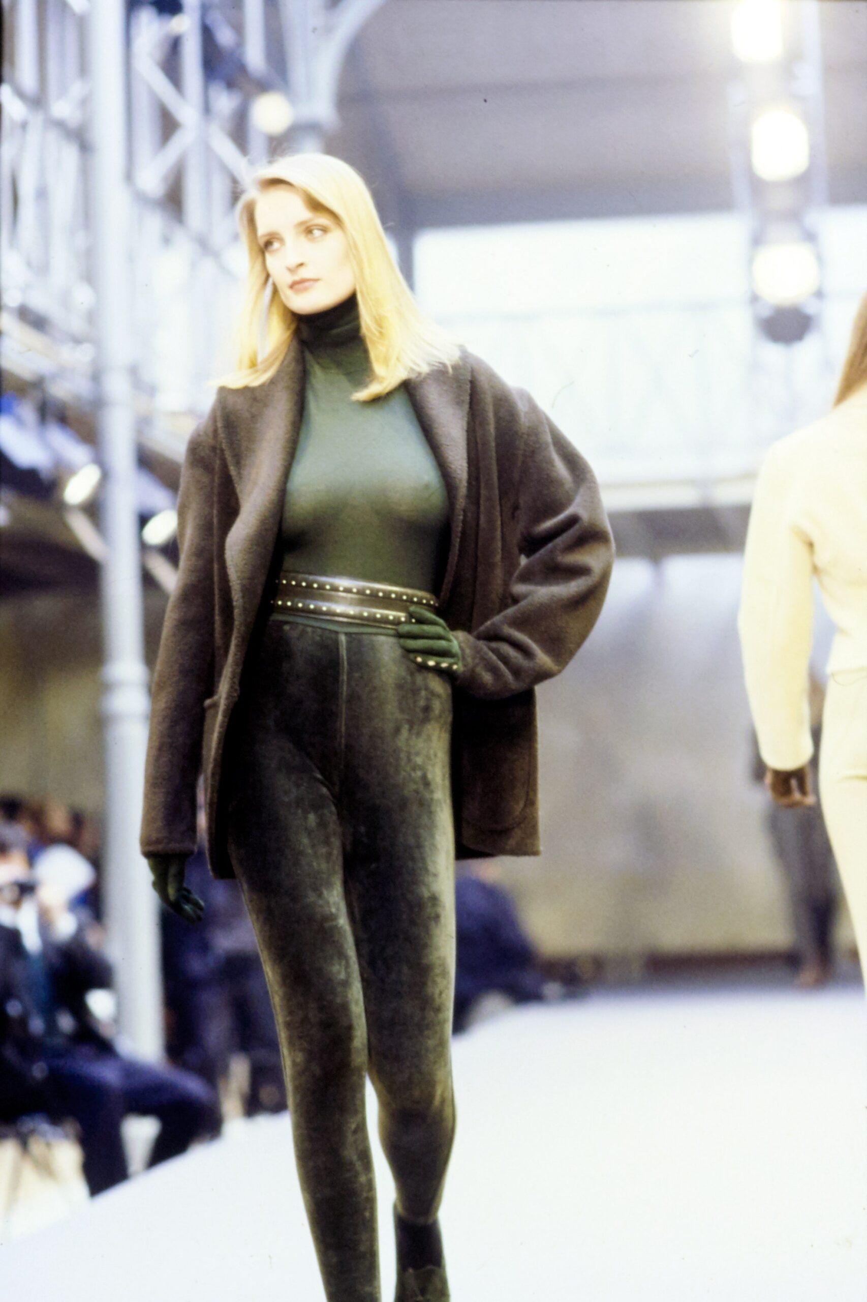 oversized black jacket with fitted green top