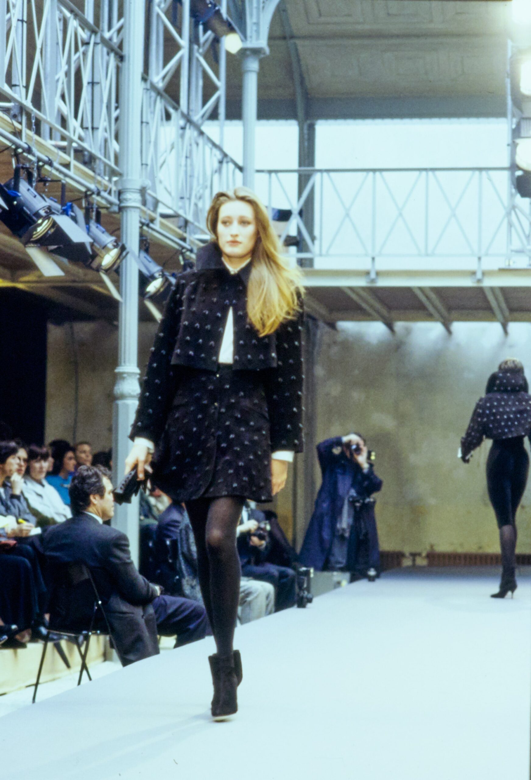 black fur jacket and mini skirt