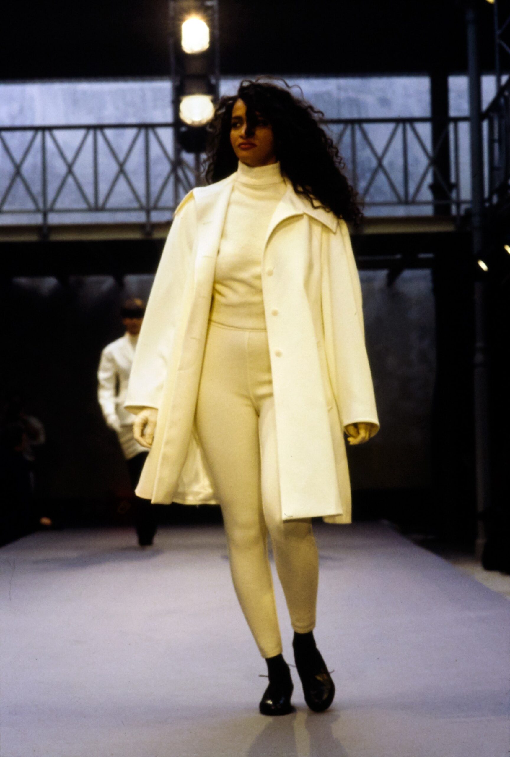 white oversized coat with fitted top