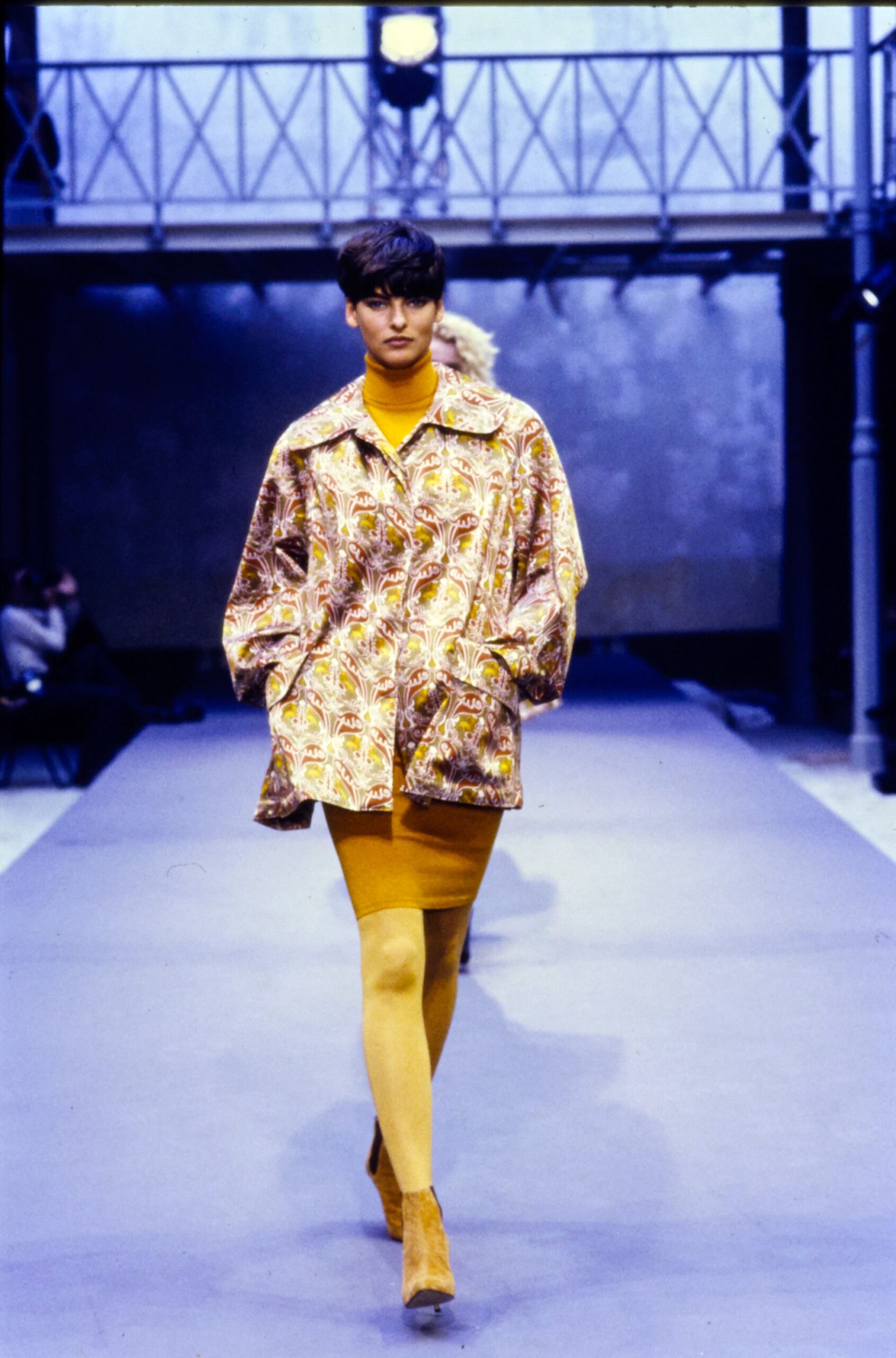 multi-colored oversized coat with mini skirt