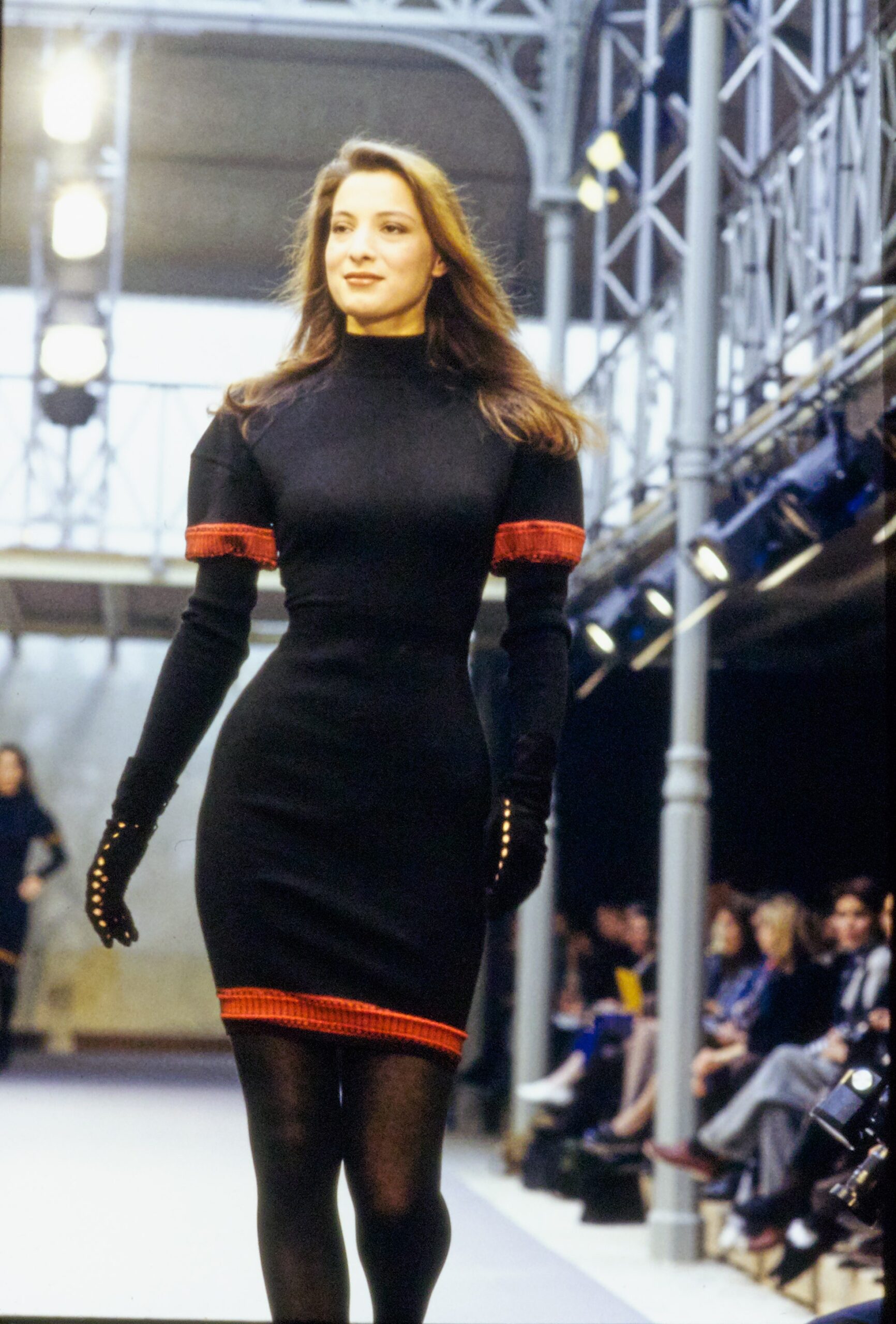 fitted black mini dress with gloves