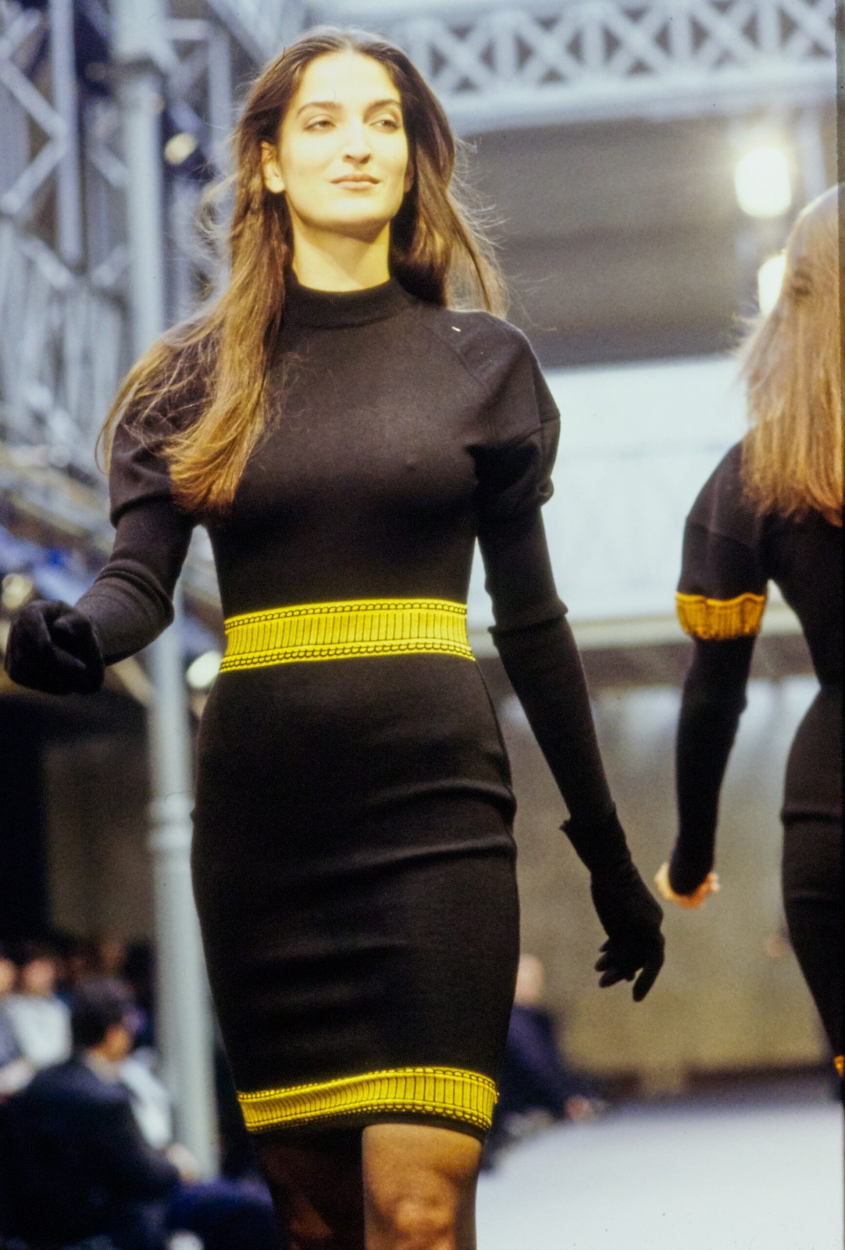 black fitted mini dress with gloves