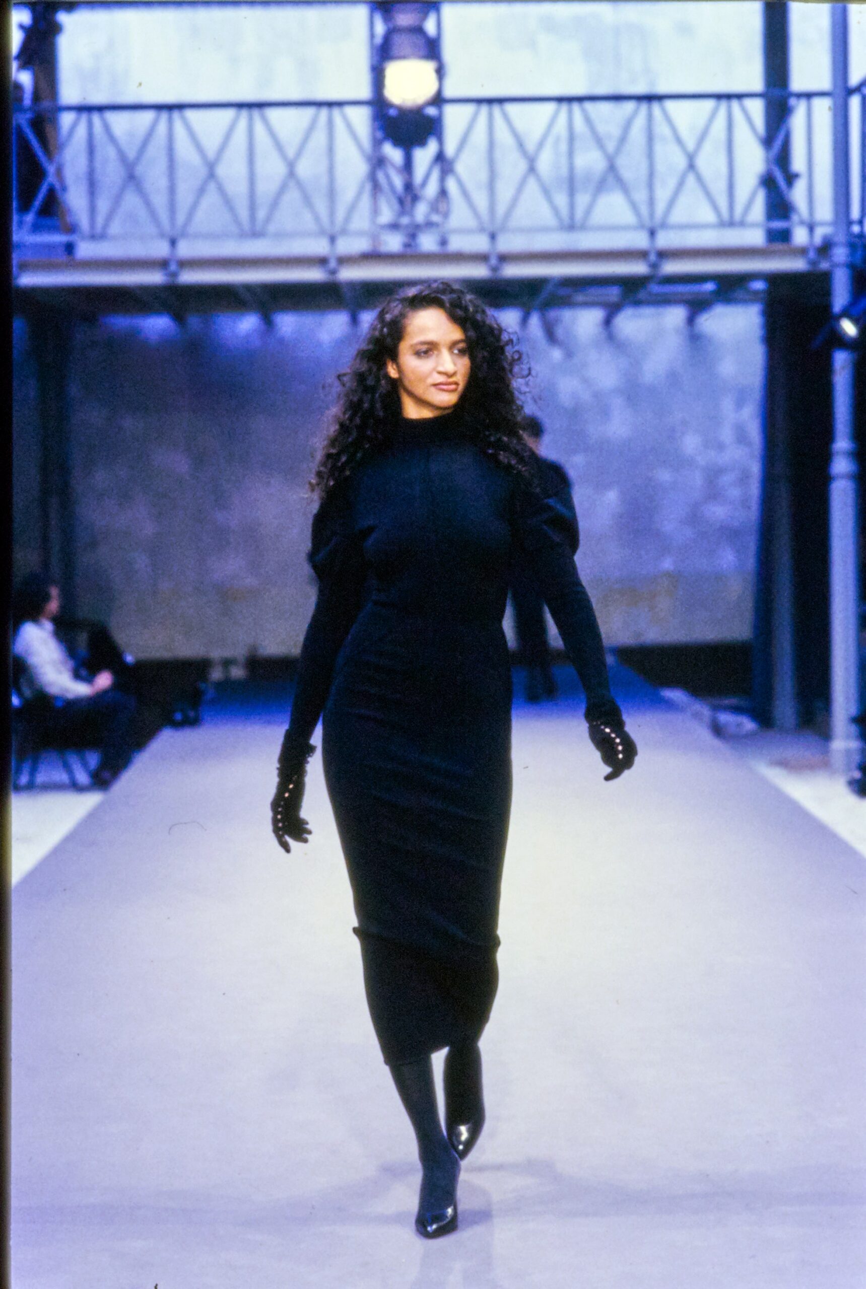 black fitted midi dress with gloves