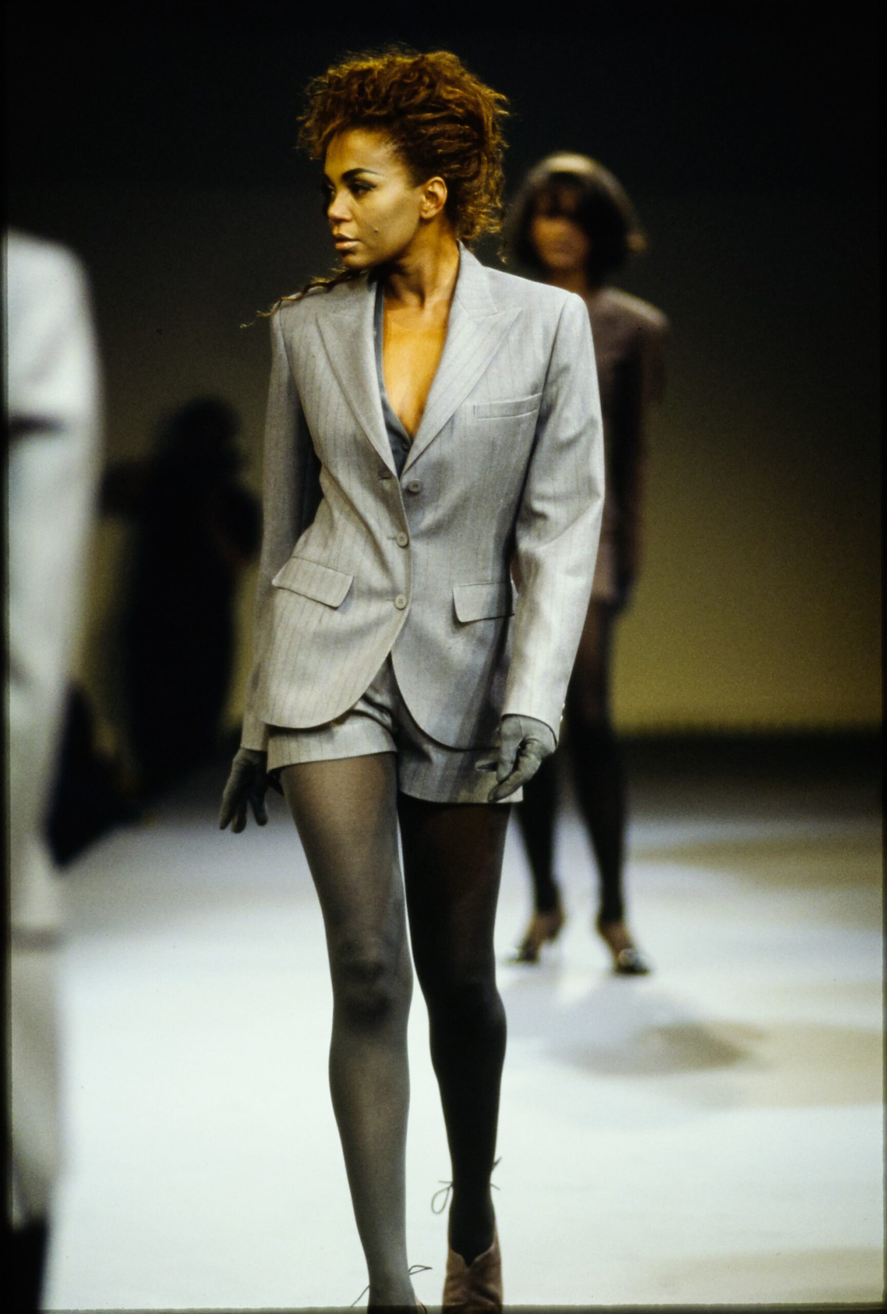 gray tailored suit with shorts