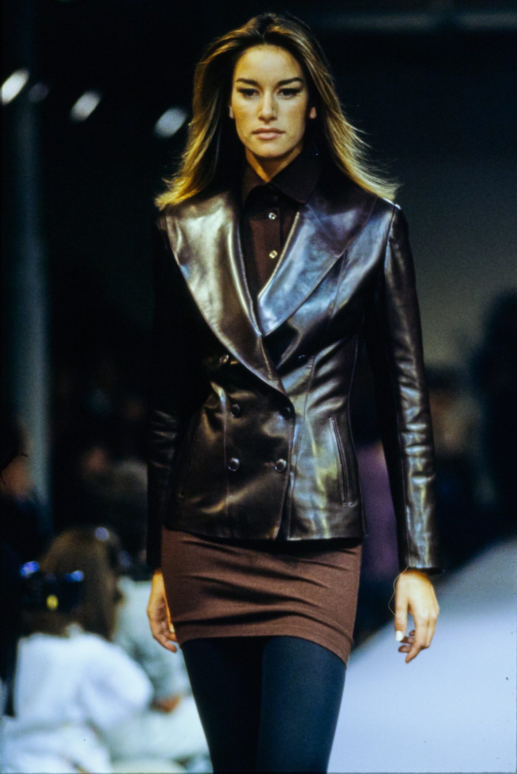 brown leather long-sleeve collared fitted blazer