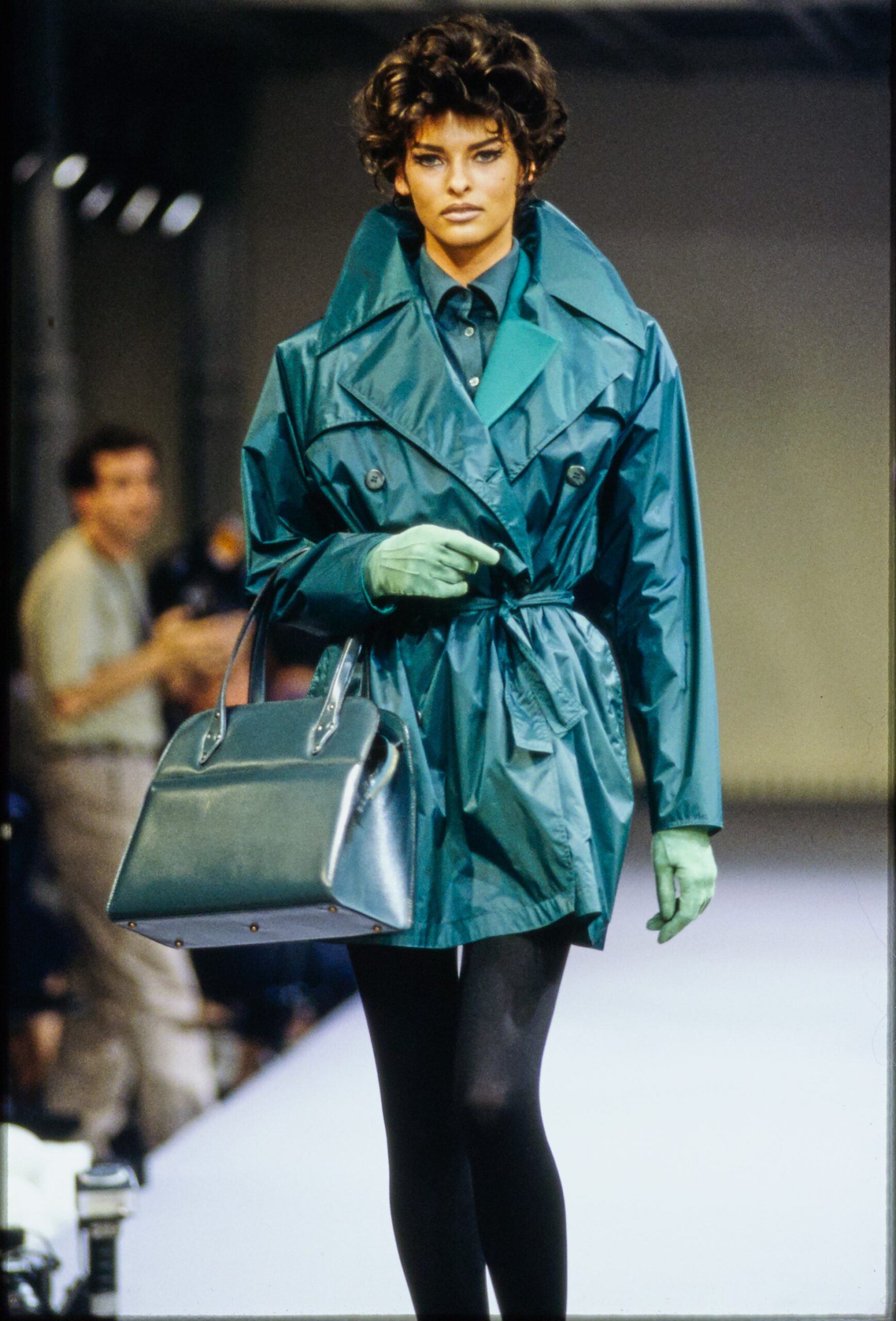 teal vinyl long-sleeve collared fitted belted coat