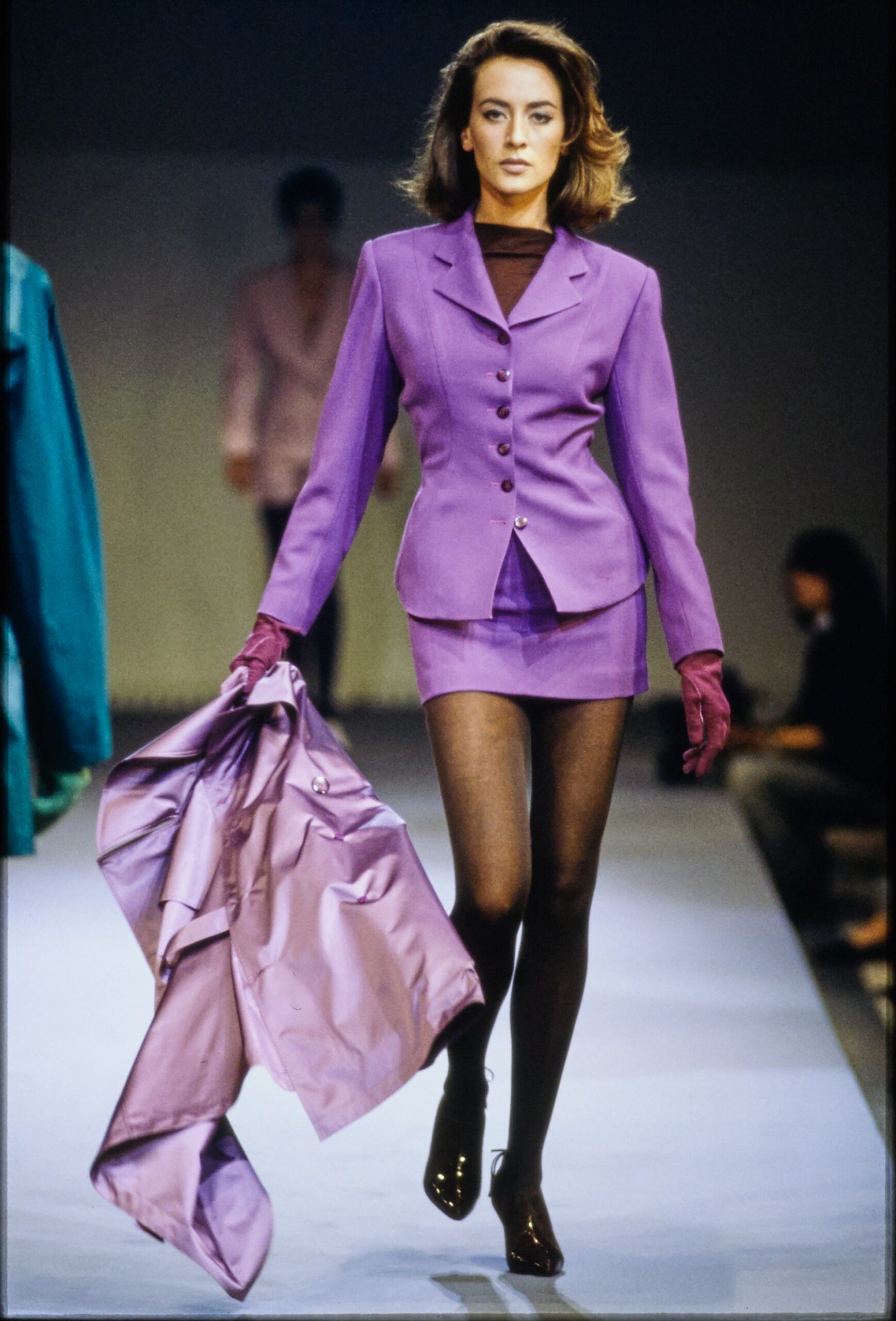 purple tailored blazer and mini skirt