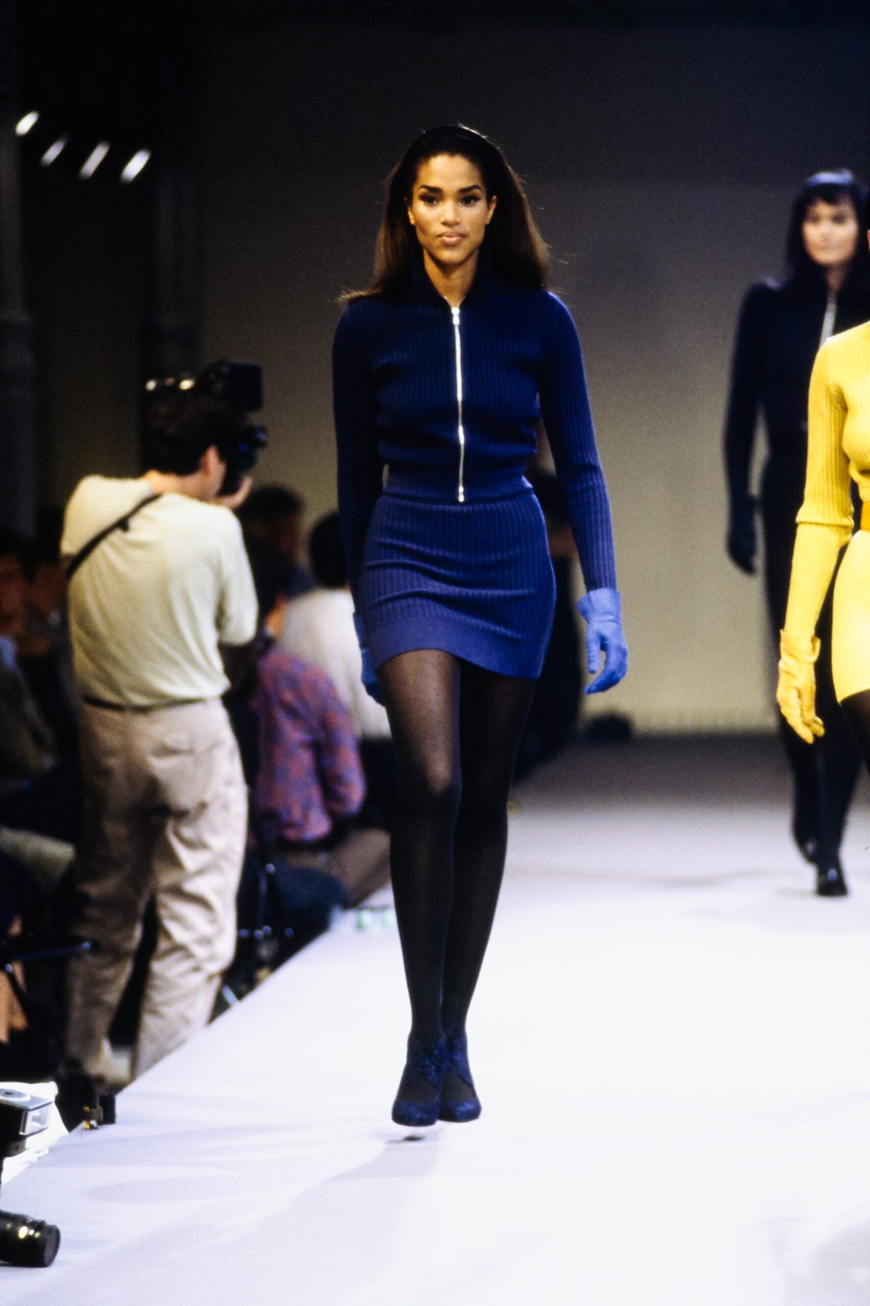 blue knit long-sleeve fitted zippered ribbed mini dress