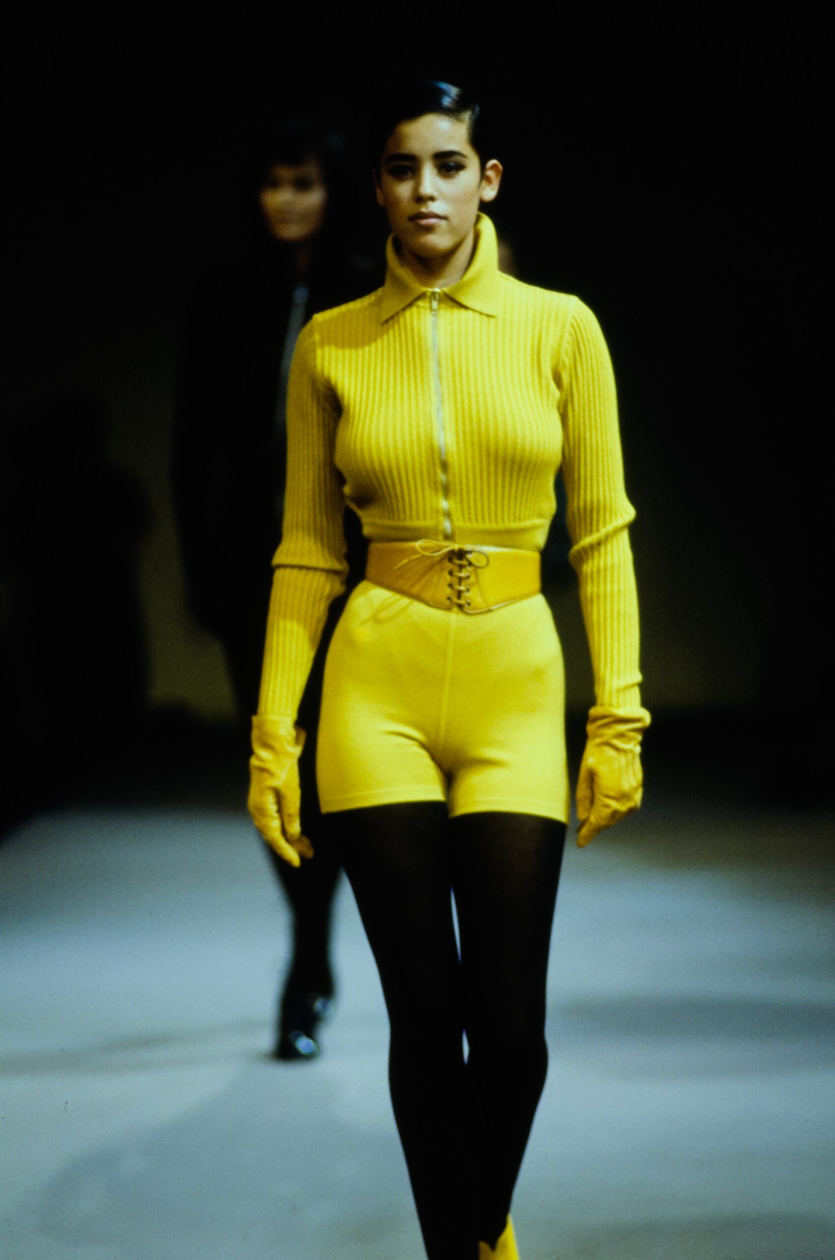 yellow cotton long-sleeve collared fitted ribbed top