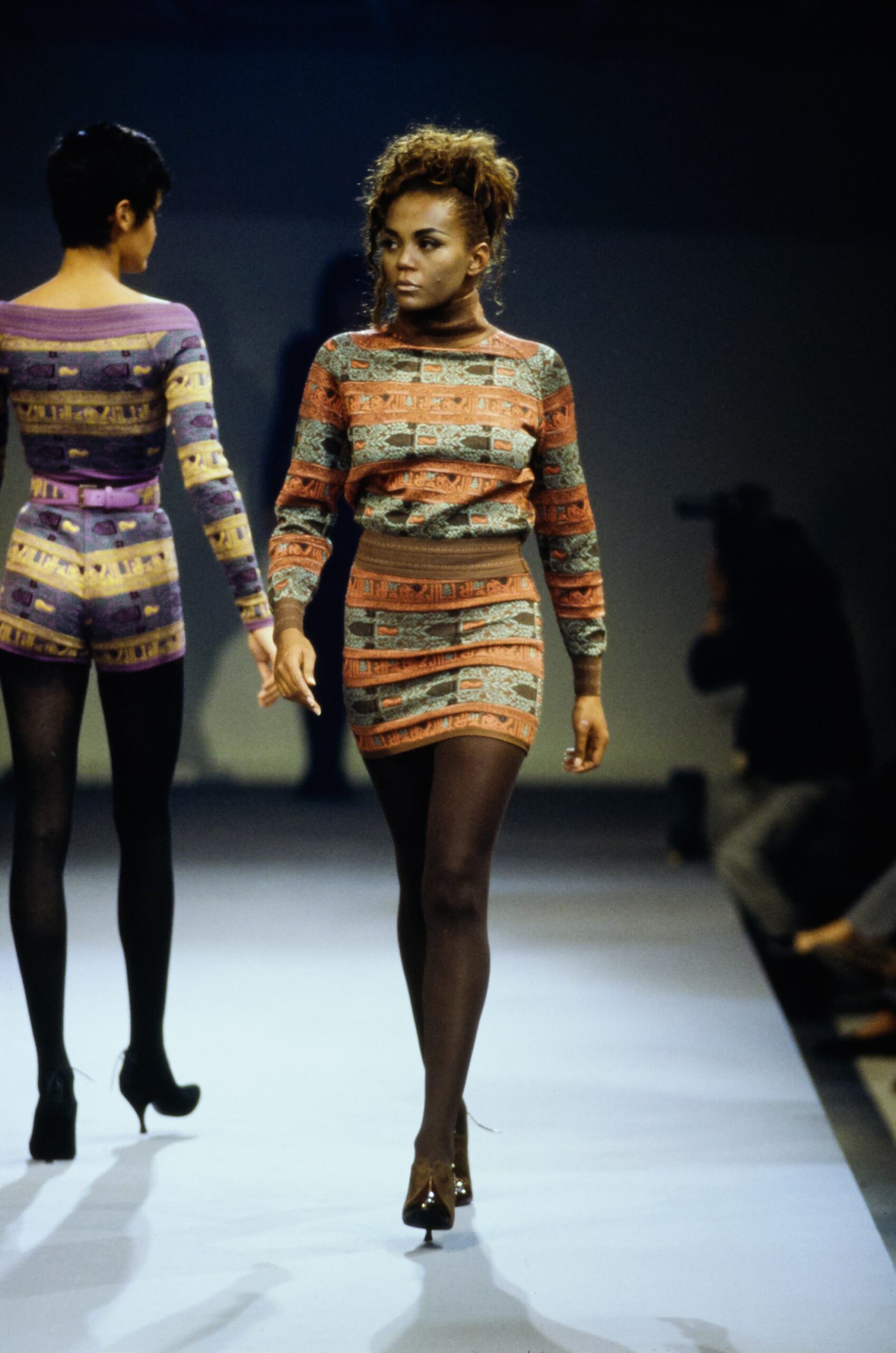 orange cotton long-sleeve collared fitted printed top