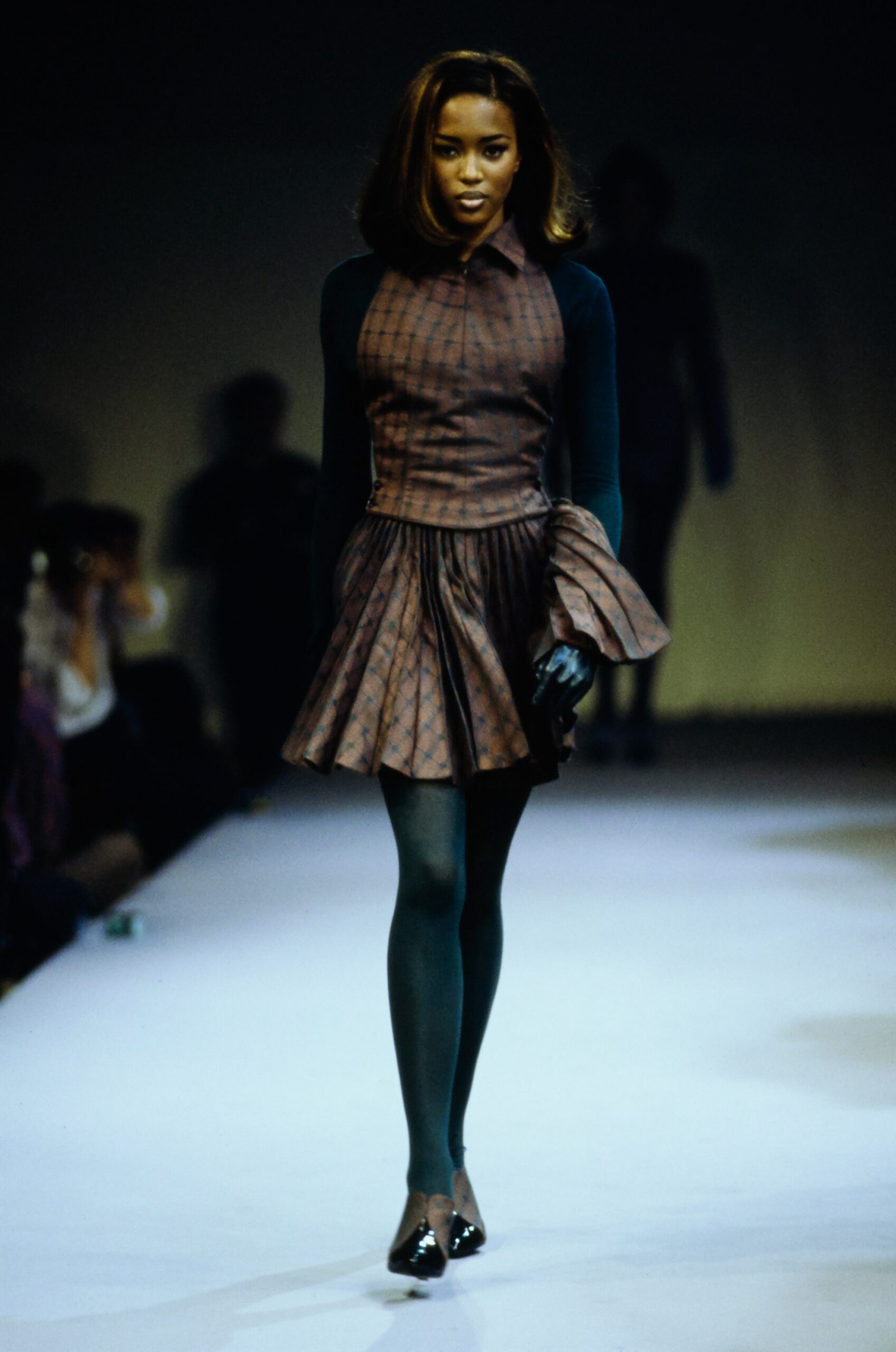 brown cotton long-sleeve collared fitted pleated a-line dress