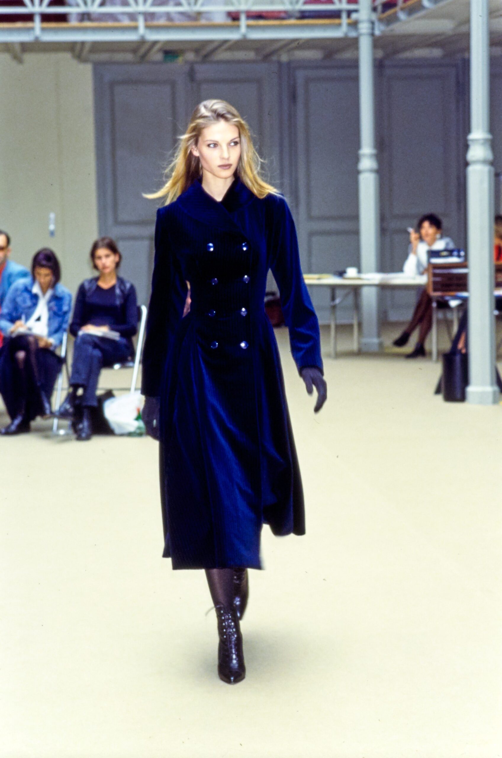 blue velvet midi dress with gloves