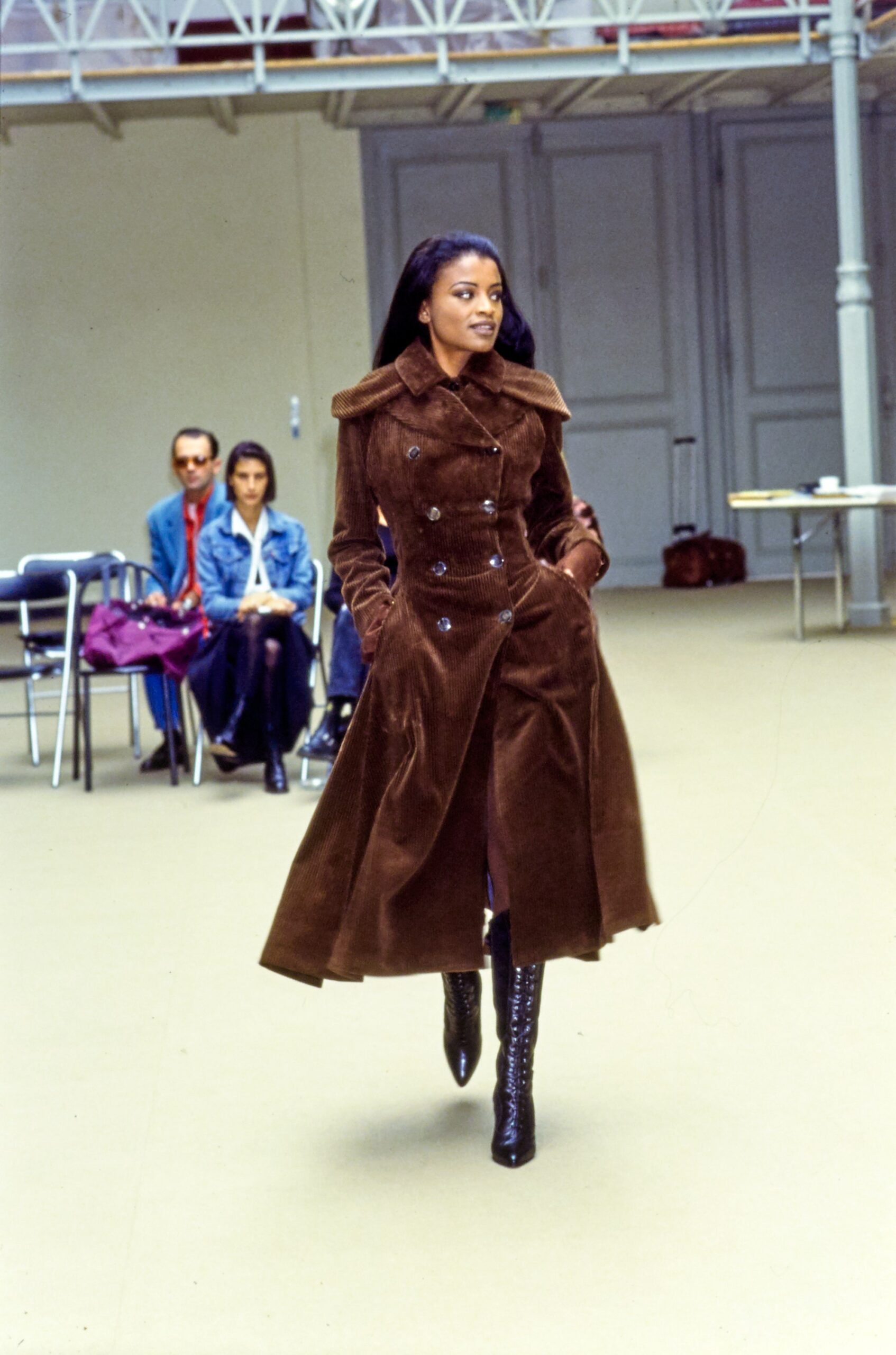 brown velvet maxi coat with black boots