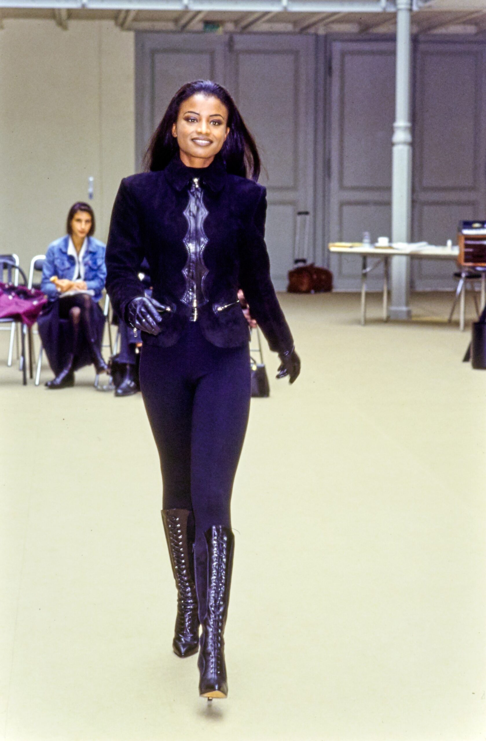 black velvet jacket with leather pants