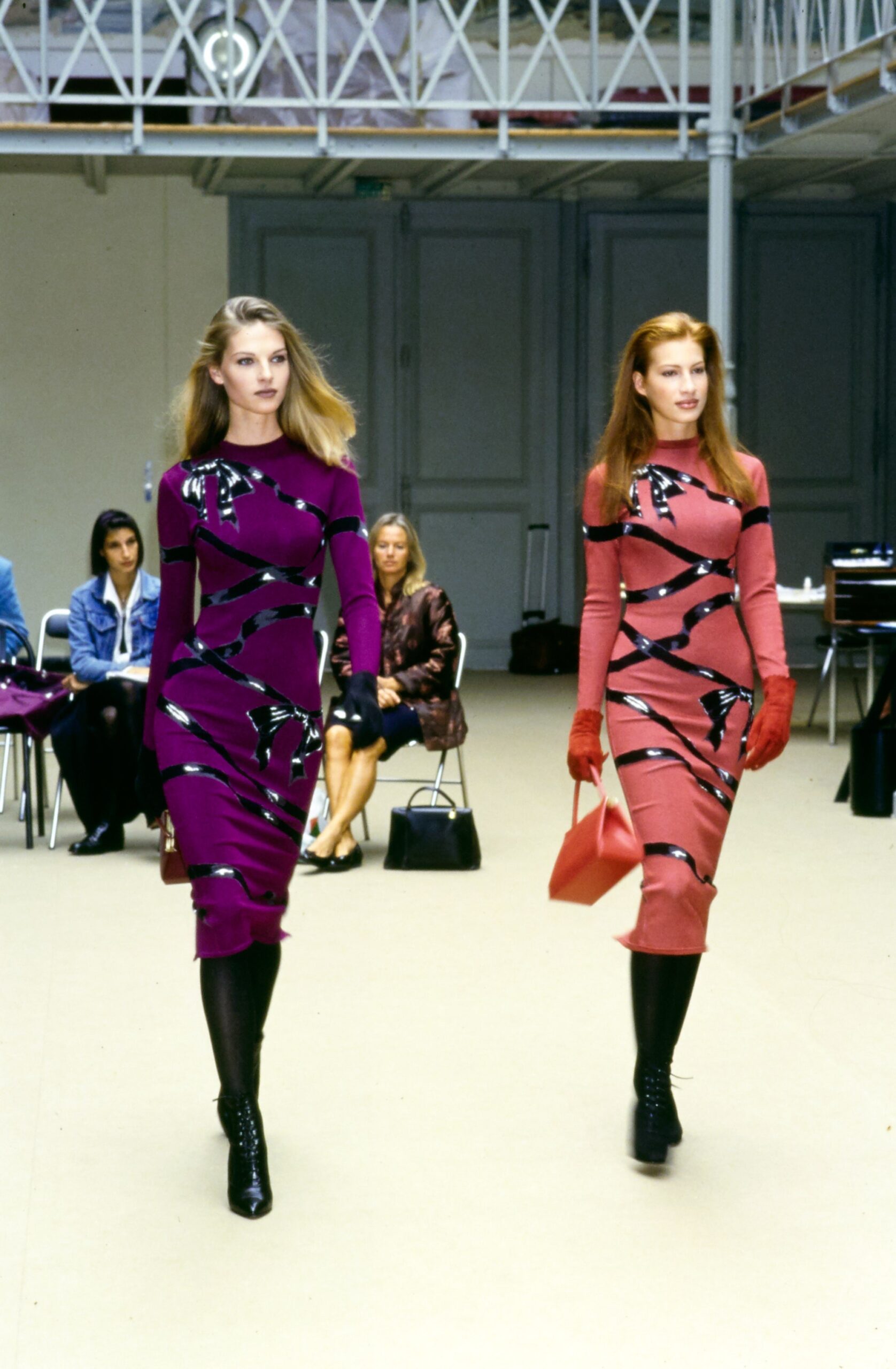 fitted midi dresses in purple and red