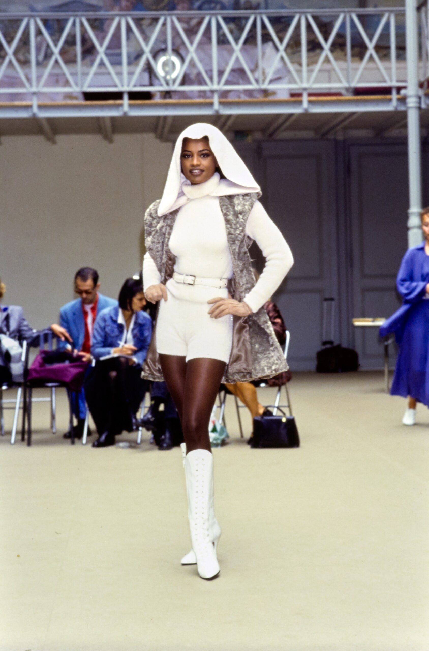 gray fur jacket beige bodysuit