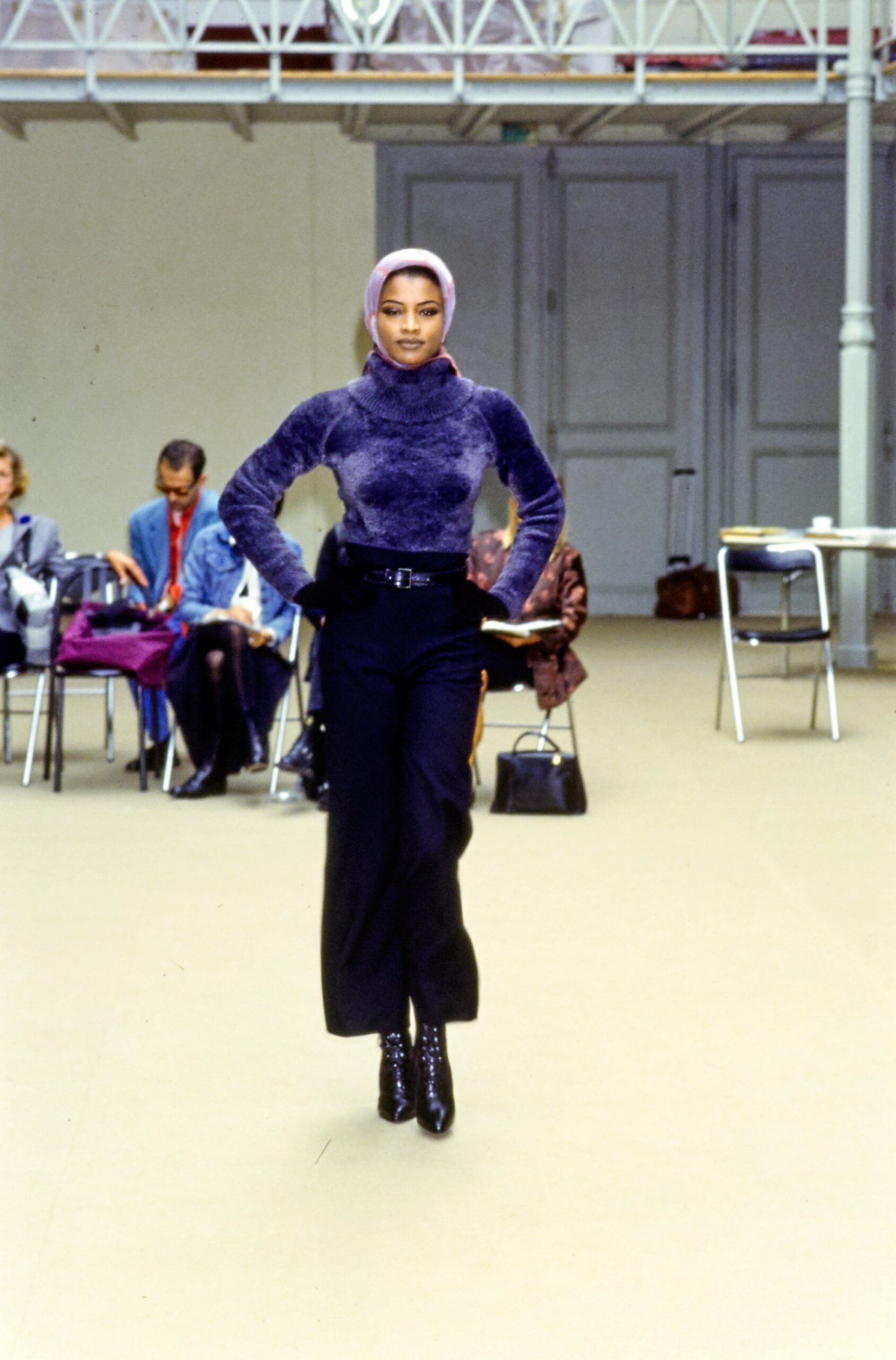 fitted purple velvet top with tailored black pants