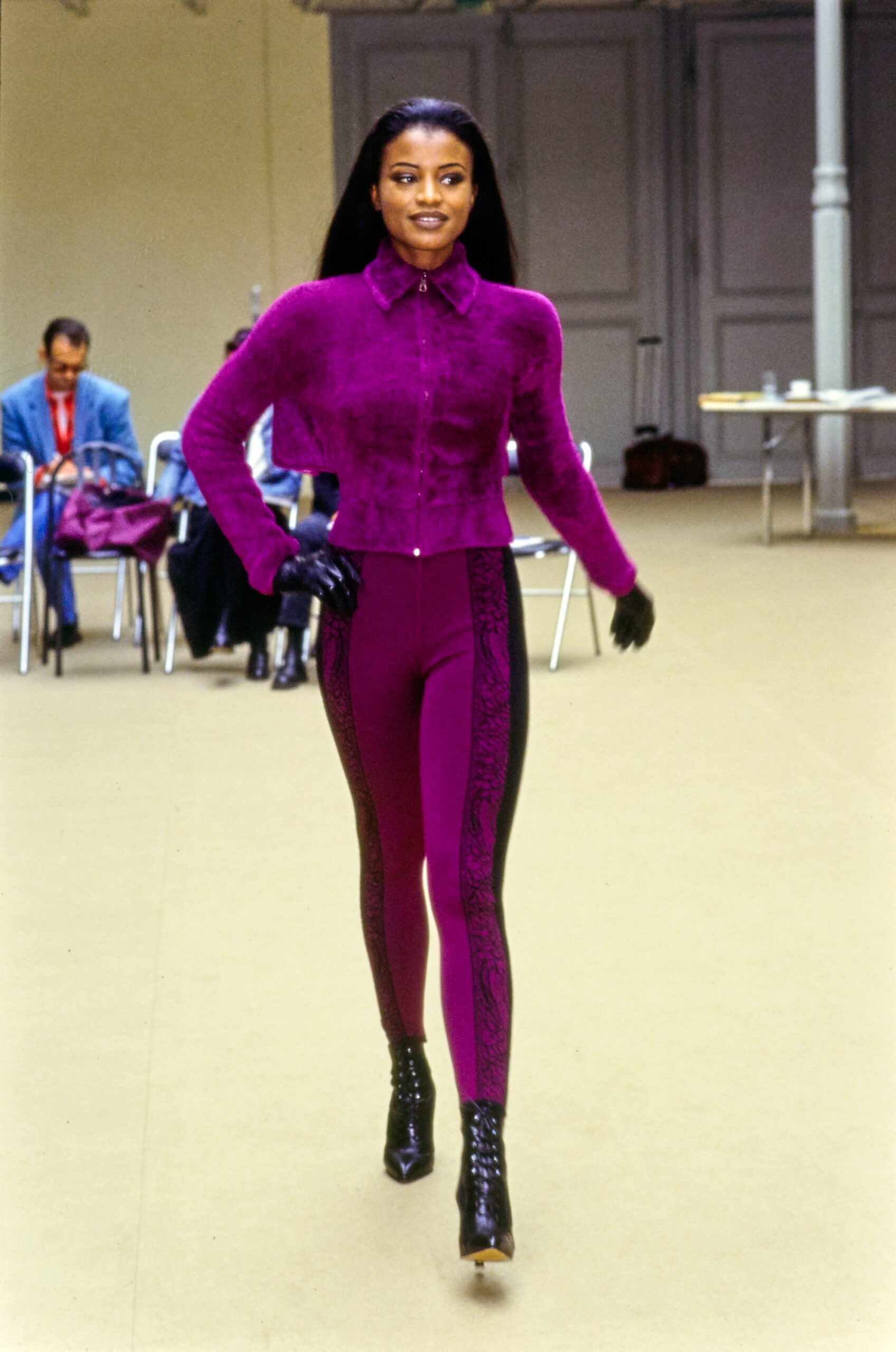 purple velvet top with fitted pants