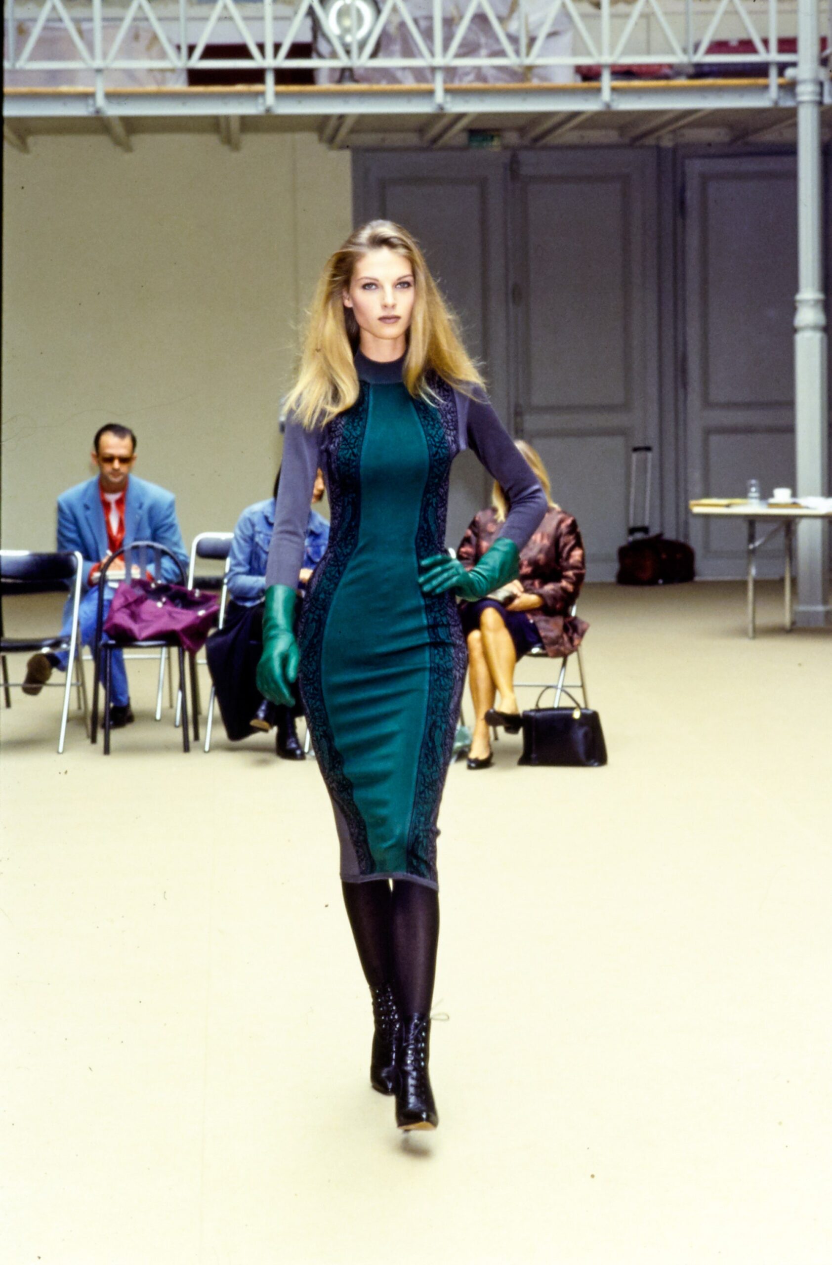 fitted green and blue midi dress