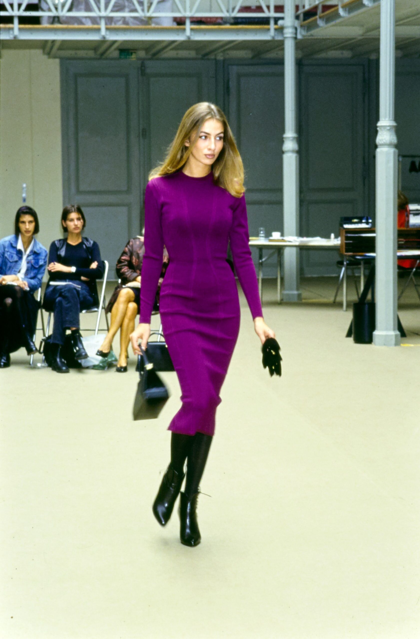 fitted purple knit midi dress