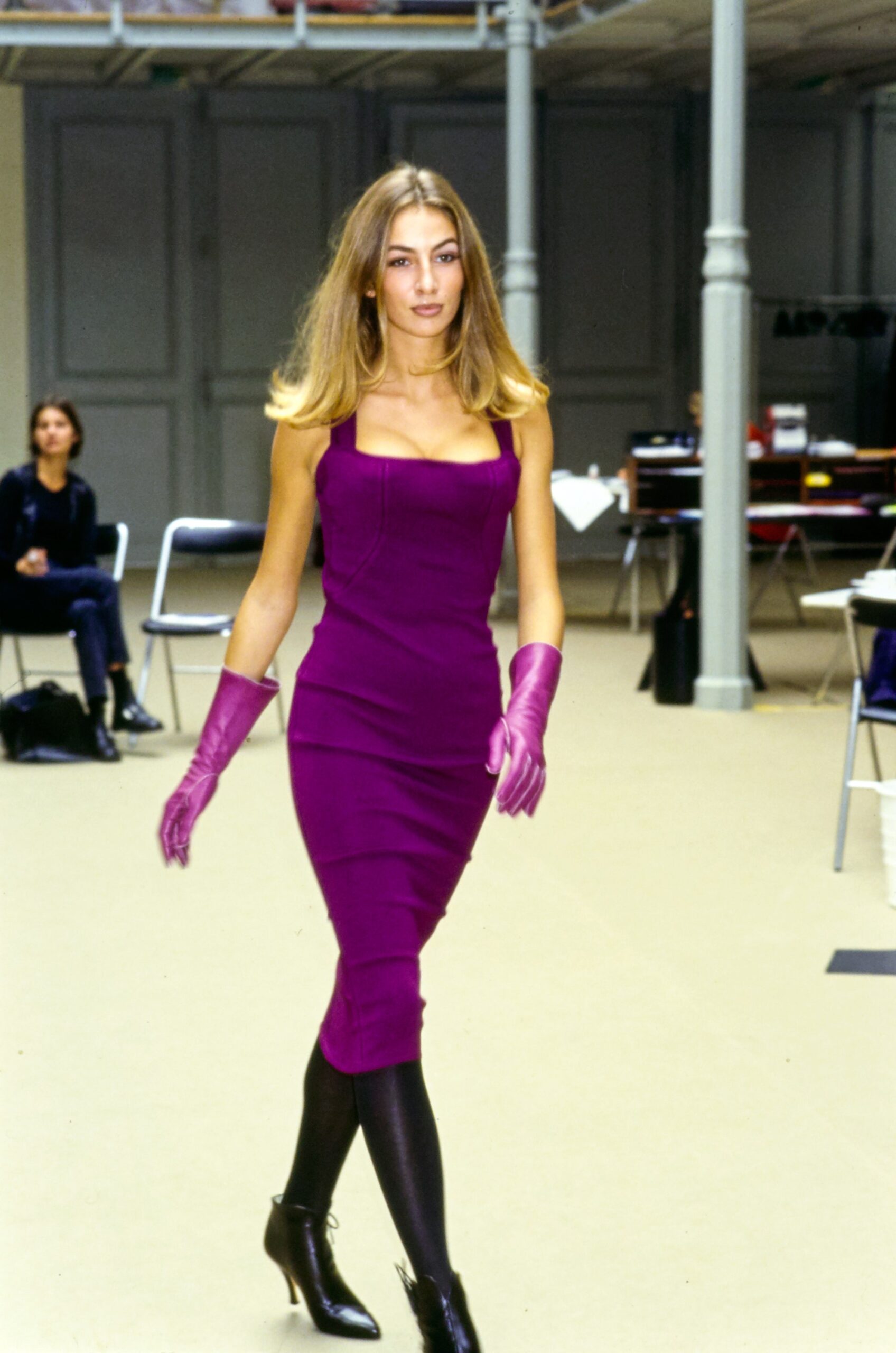 fitted purple midi dress with pink gloves