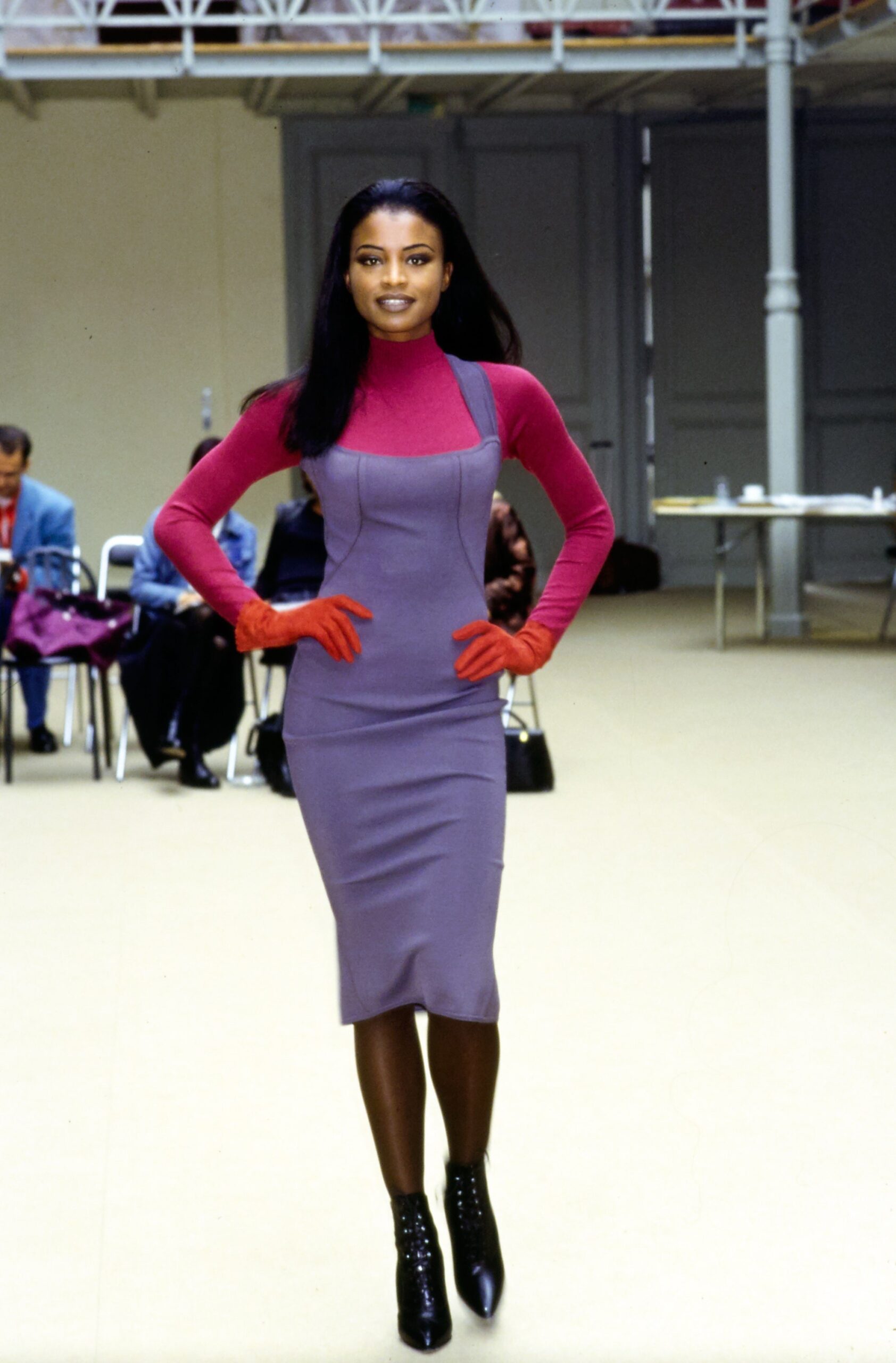 fitted purple midi dress with red top