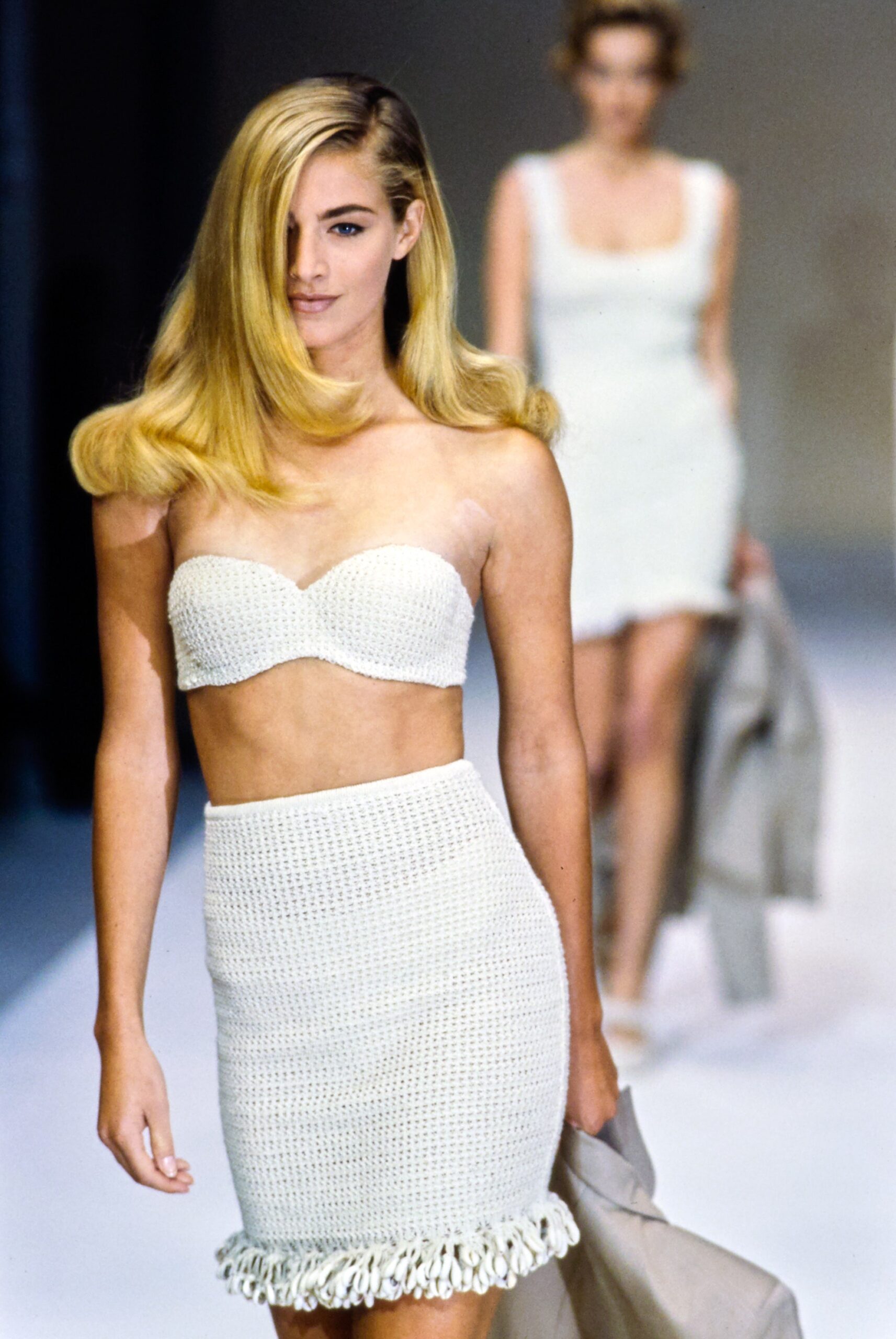 white crochet sleeveless strapless fitted fringed short crop-top