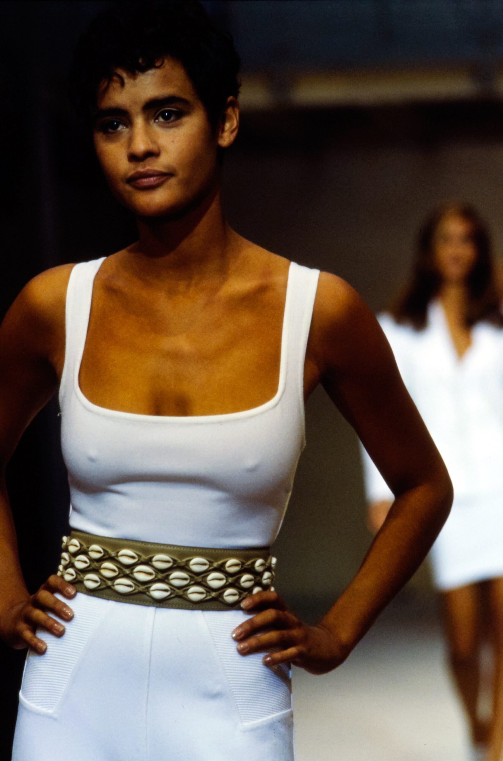 beige leather fitted embellished belt