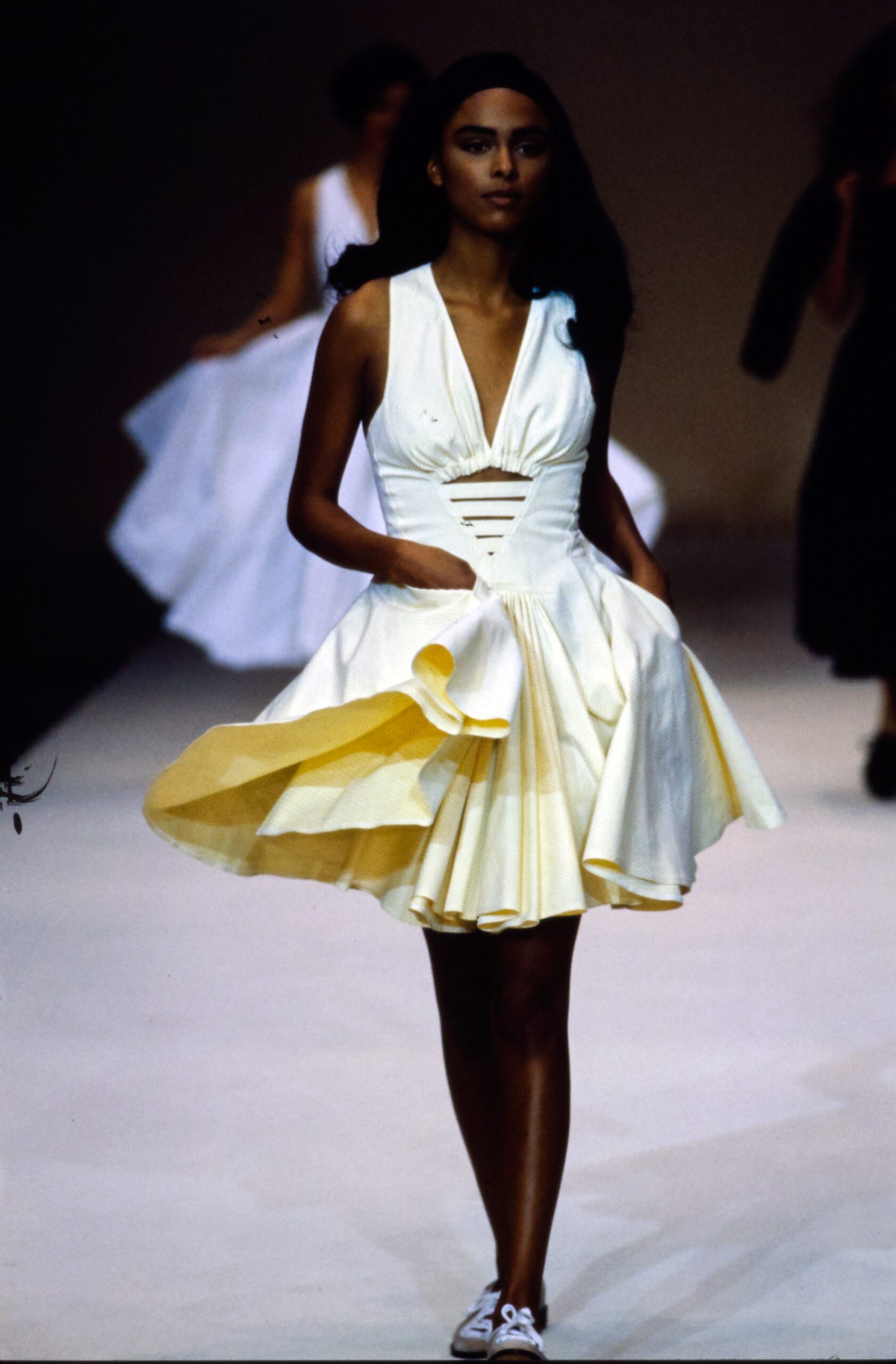 white and yellow pleated dress