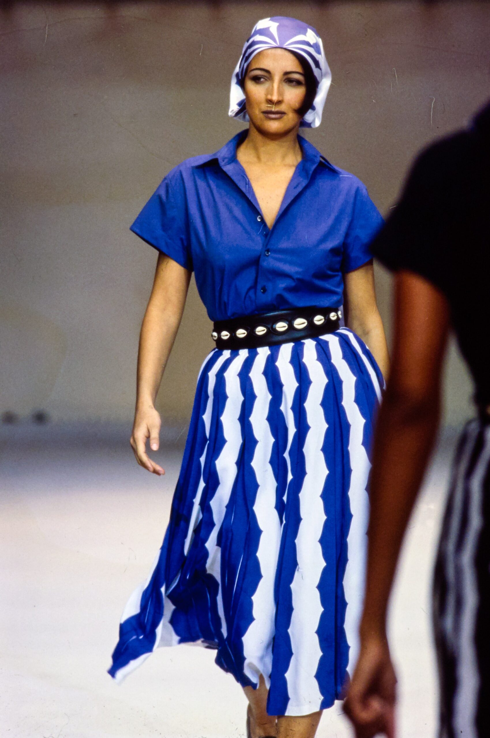 blue shirt-dress with pleated skirt