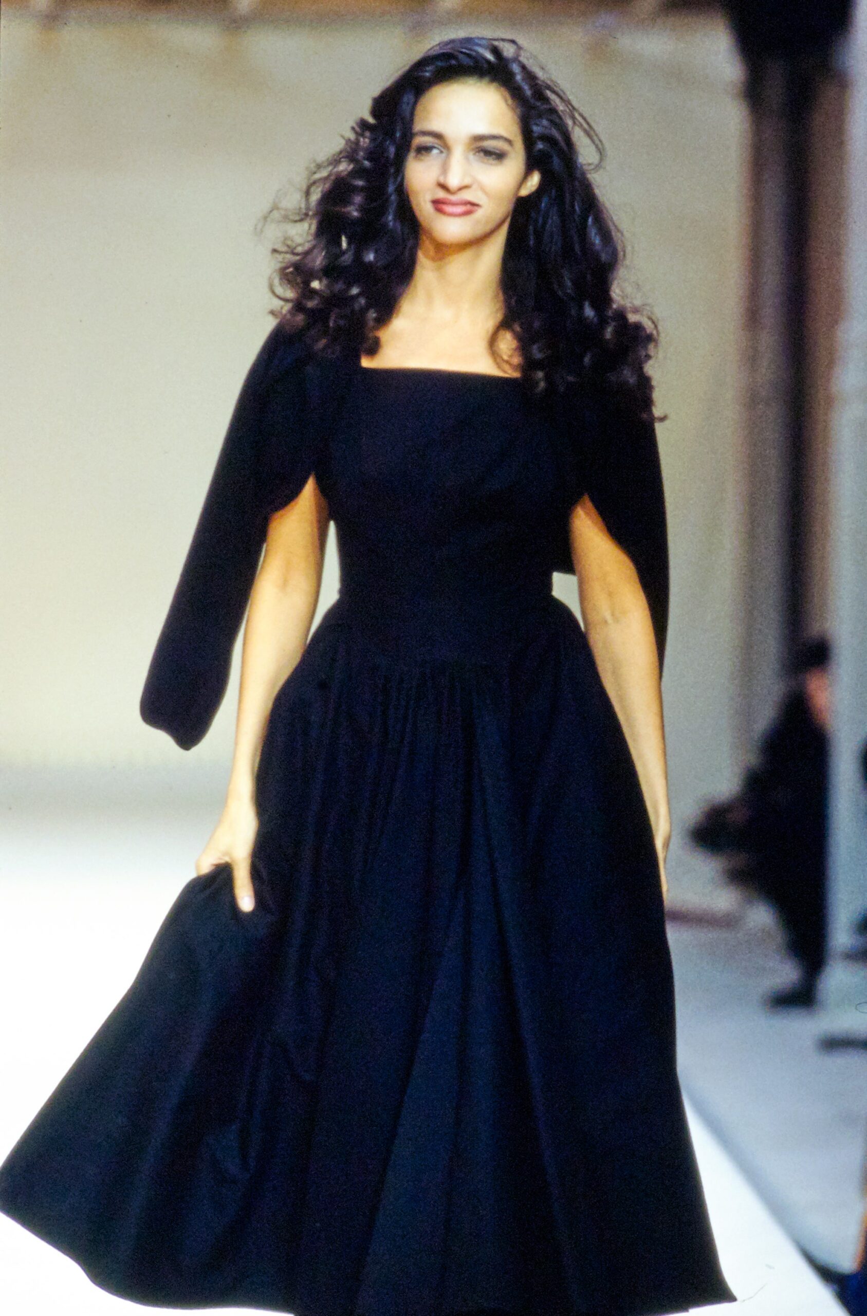 black silk midi dress with cape