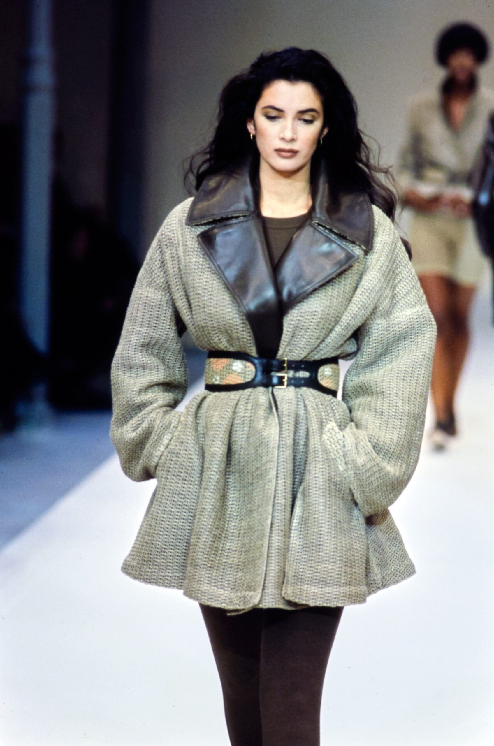 beige wool long-sleeve collared relaxed belted pockets coat