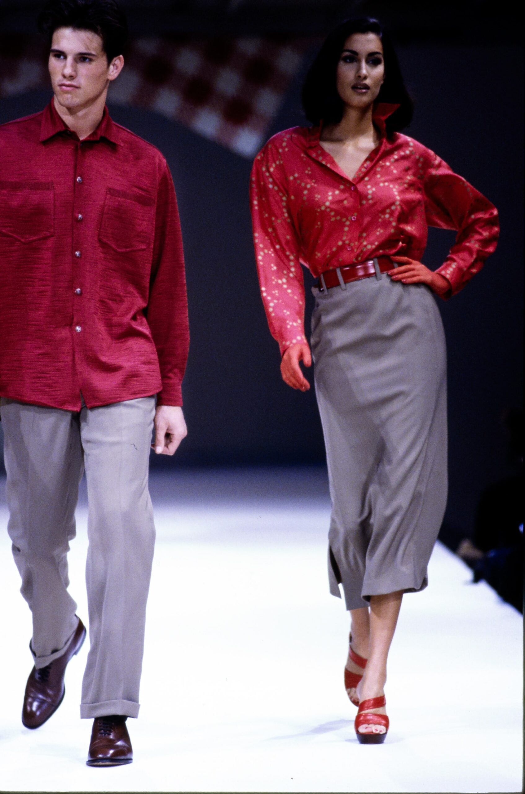 red blouse beige midi skirt