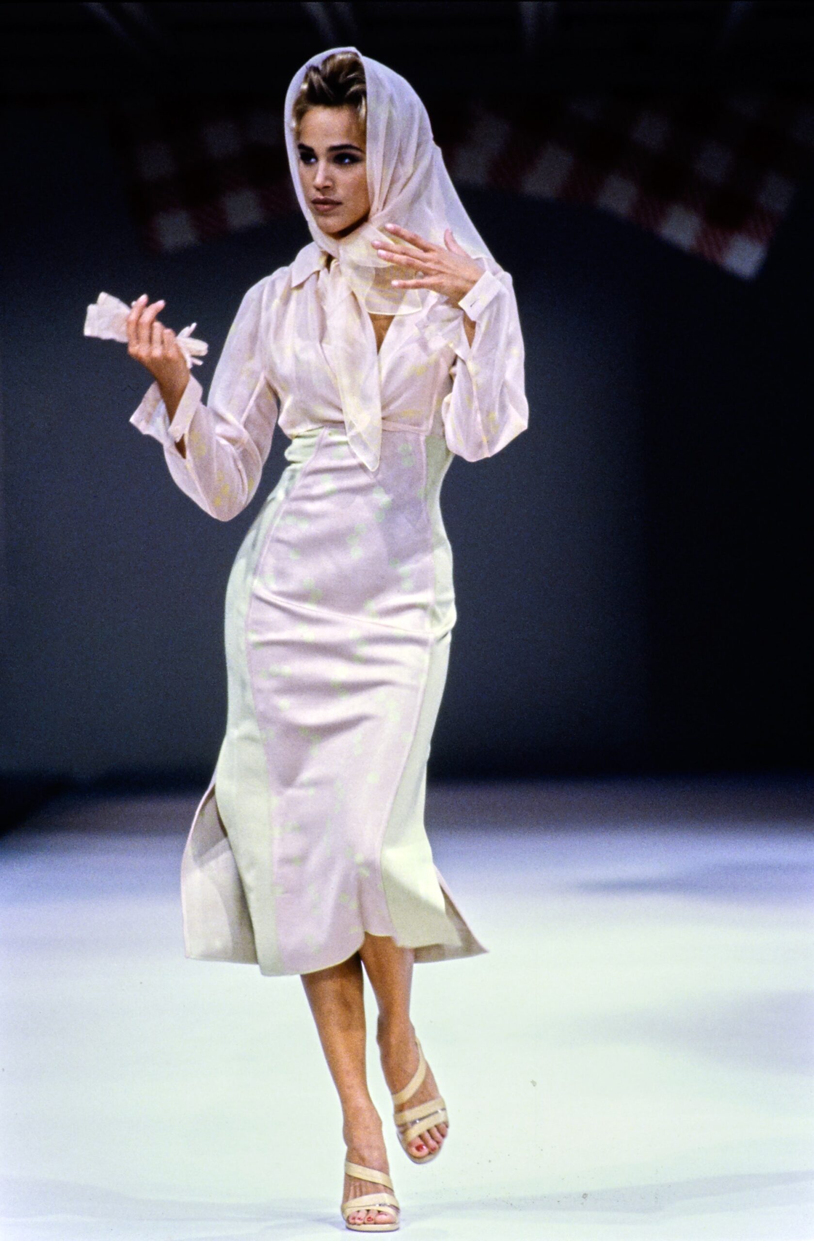ivory silk fitted dress with scarf