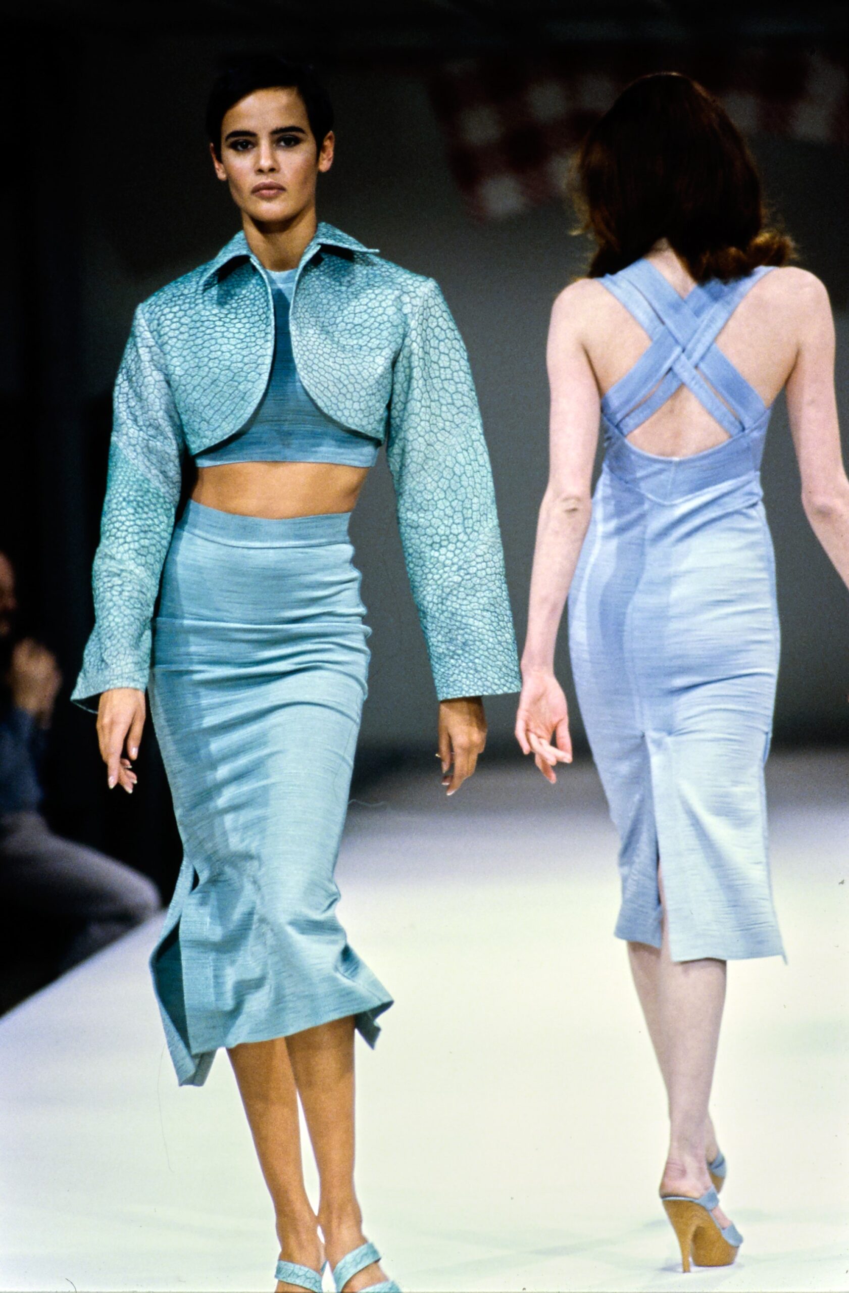 blue silk fitted top and skirt