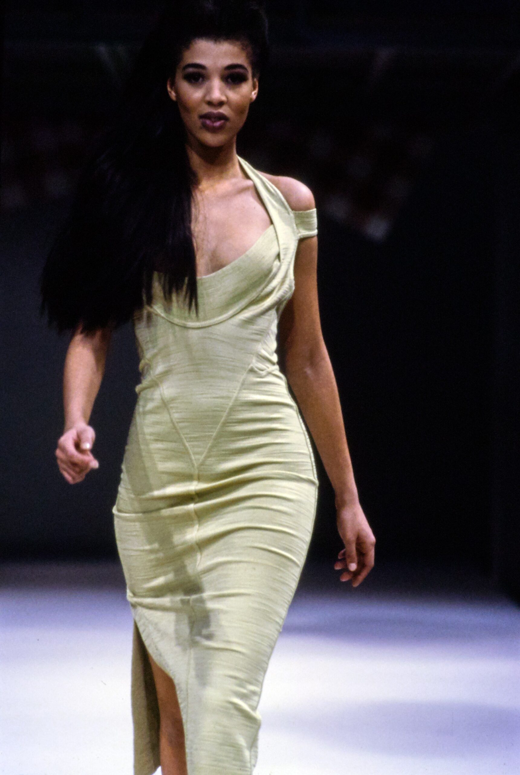 fitted green off-shoulder dress