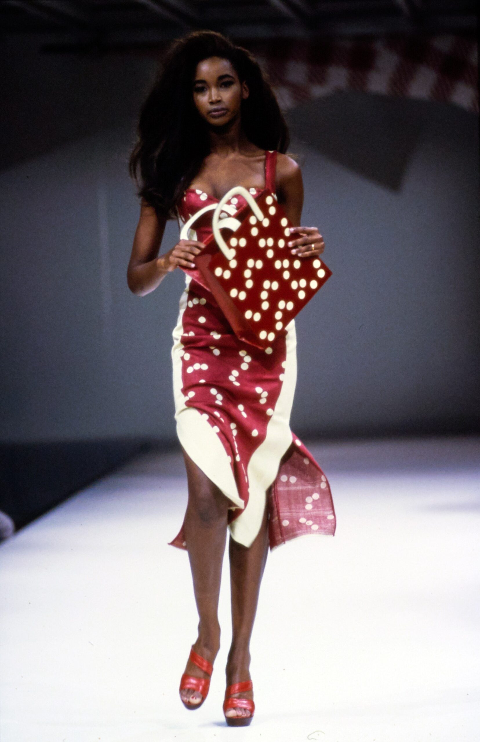 red and white asymmetric dress
