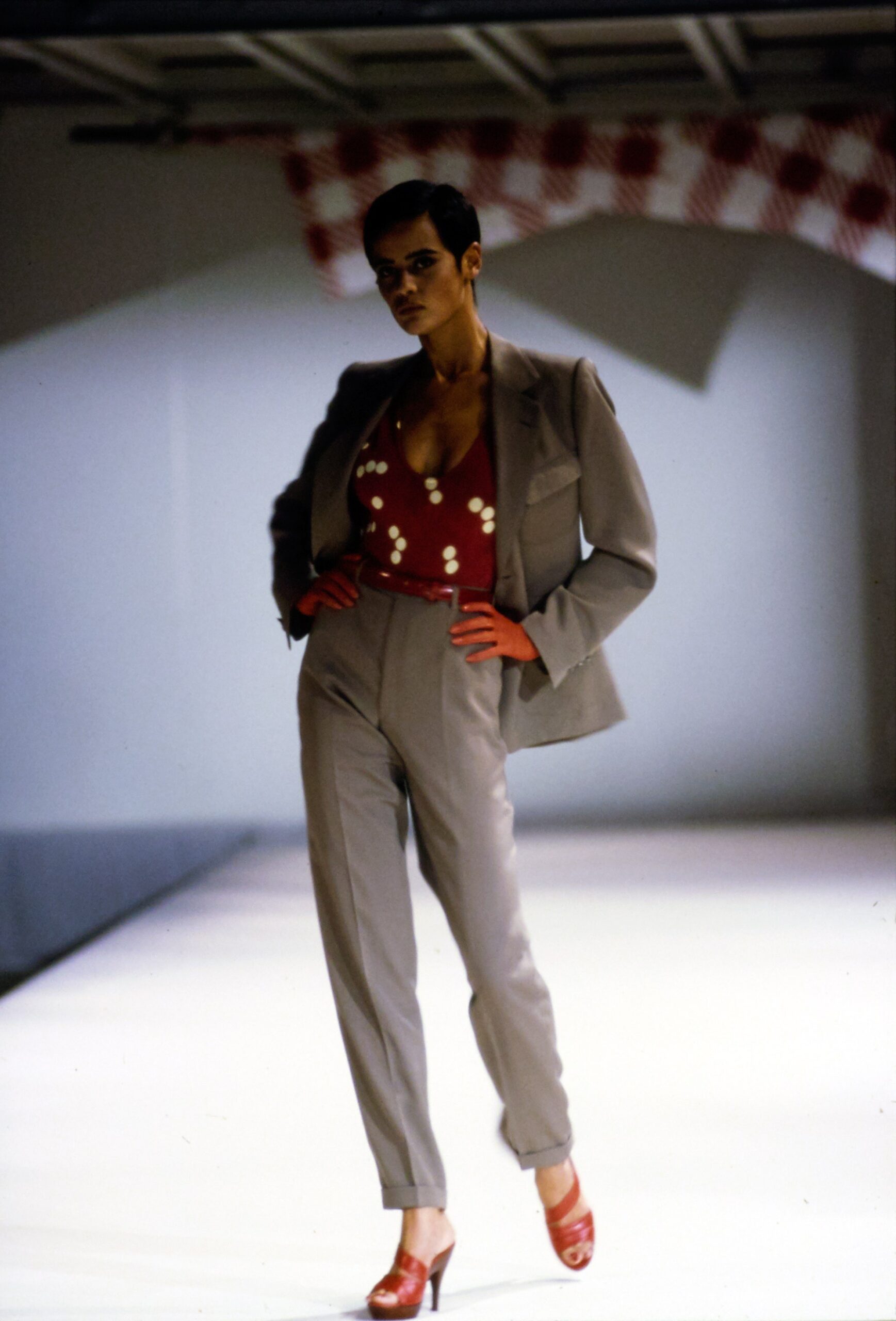 gray tailored blazer with red top