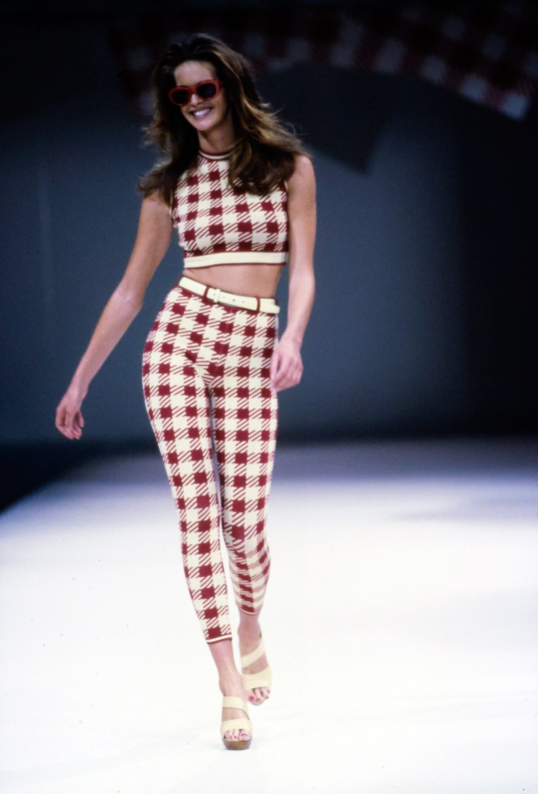red and white checked crop-top and pants