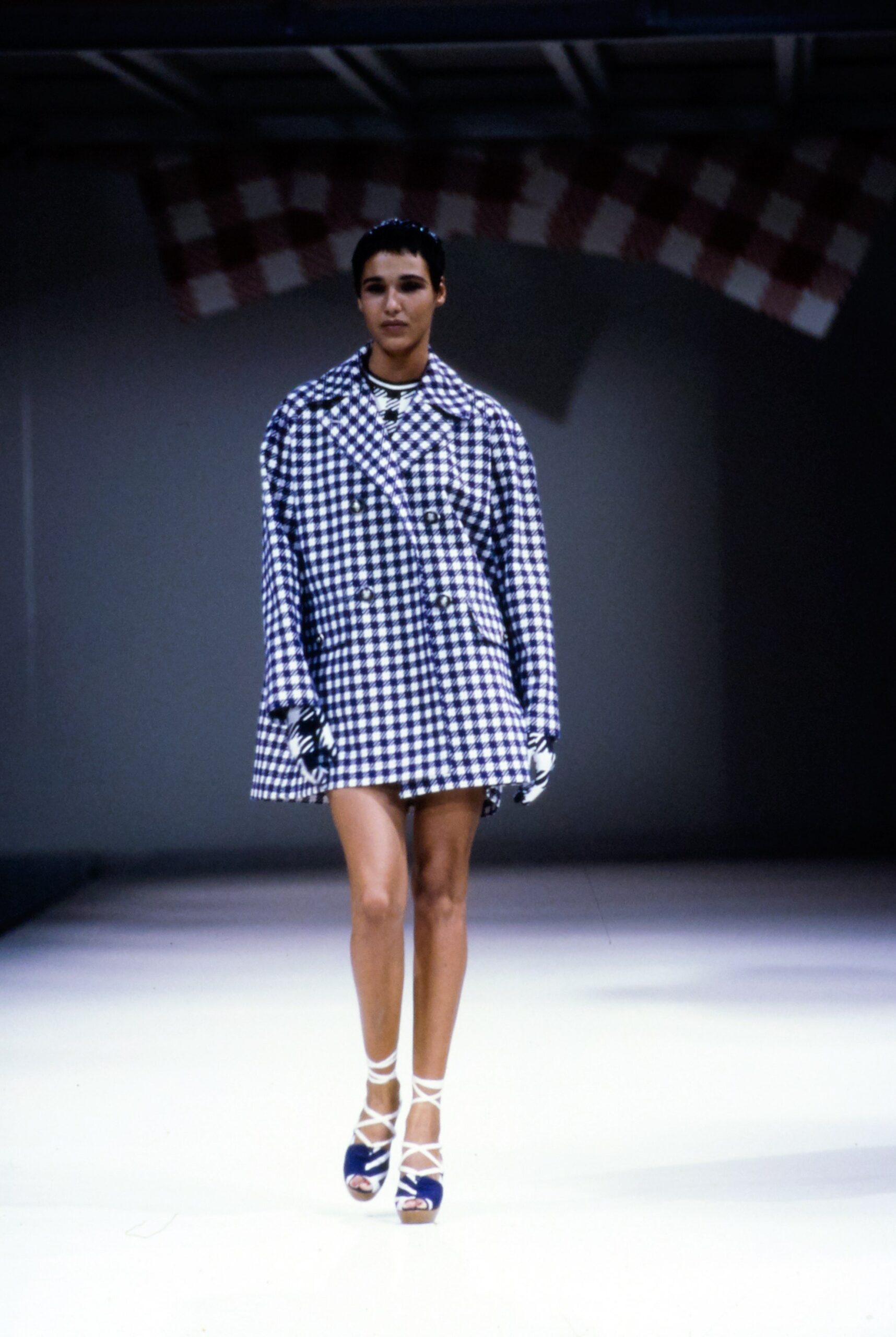 blue and white checked coat