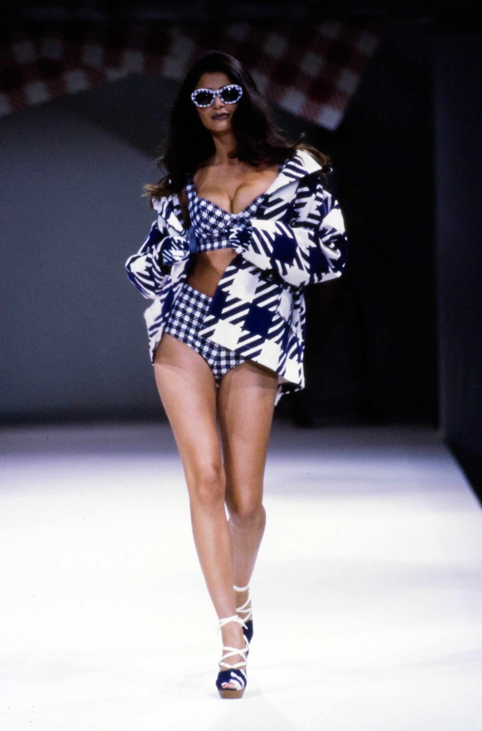 blue and white printed blazer with bikini