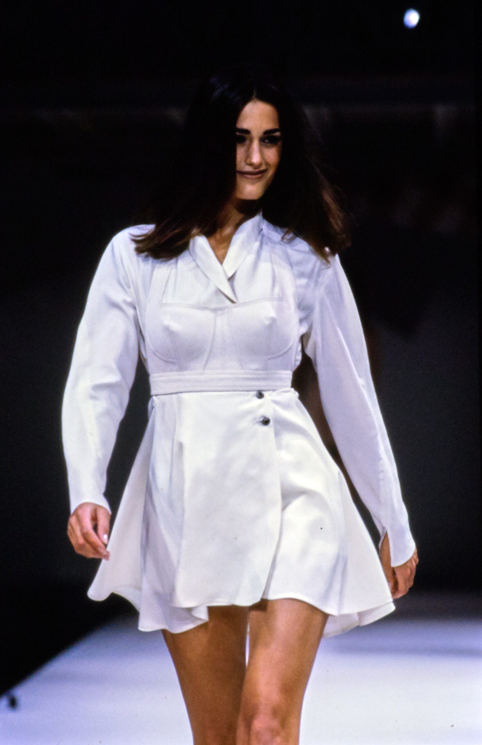 white fitted long-sleeve dress