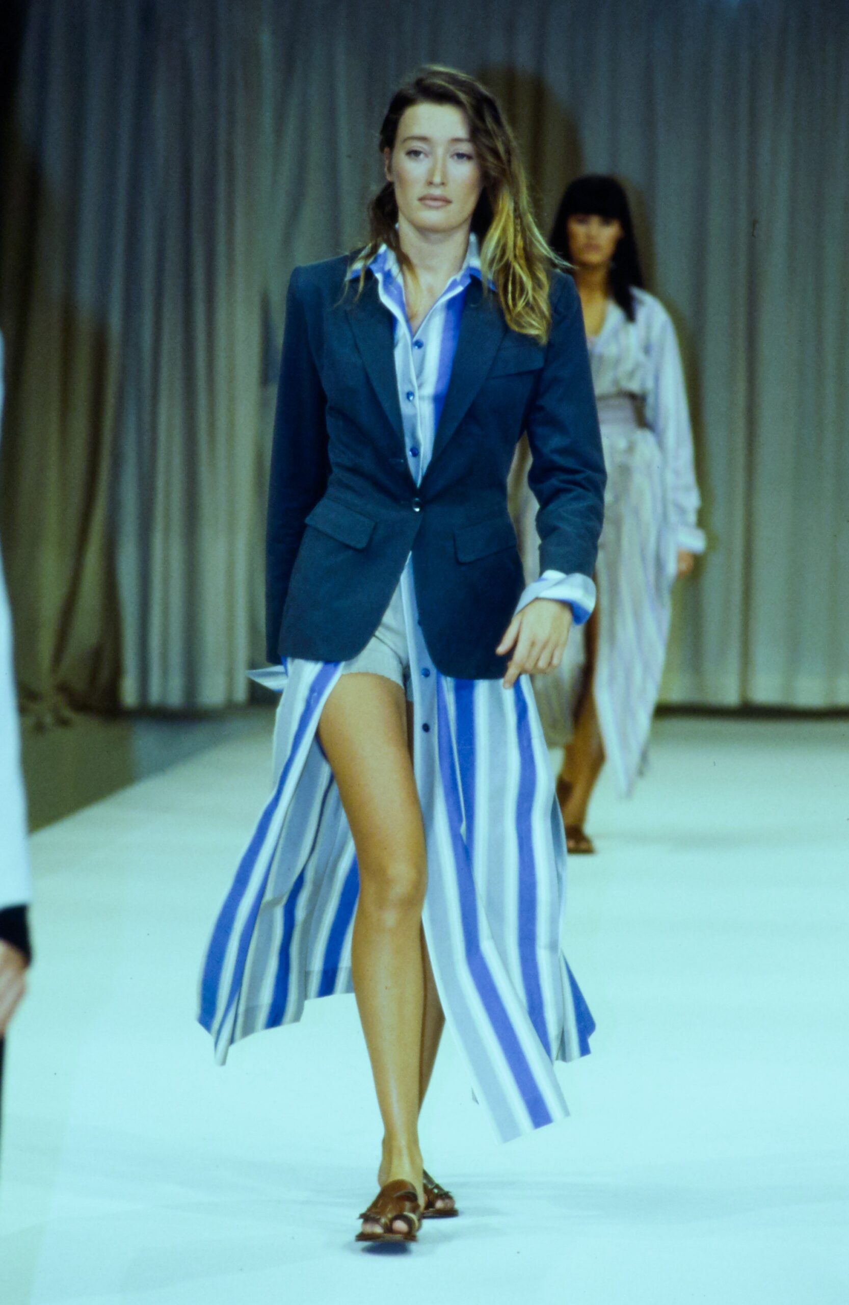 blue tailored blazer and striped shirt-dress