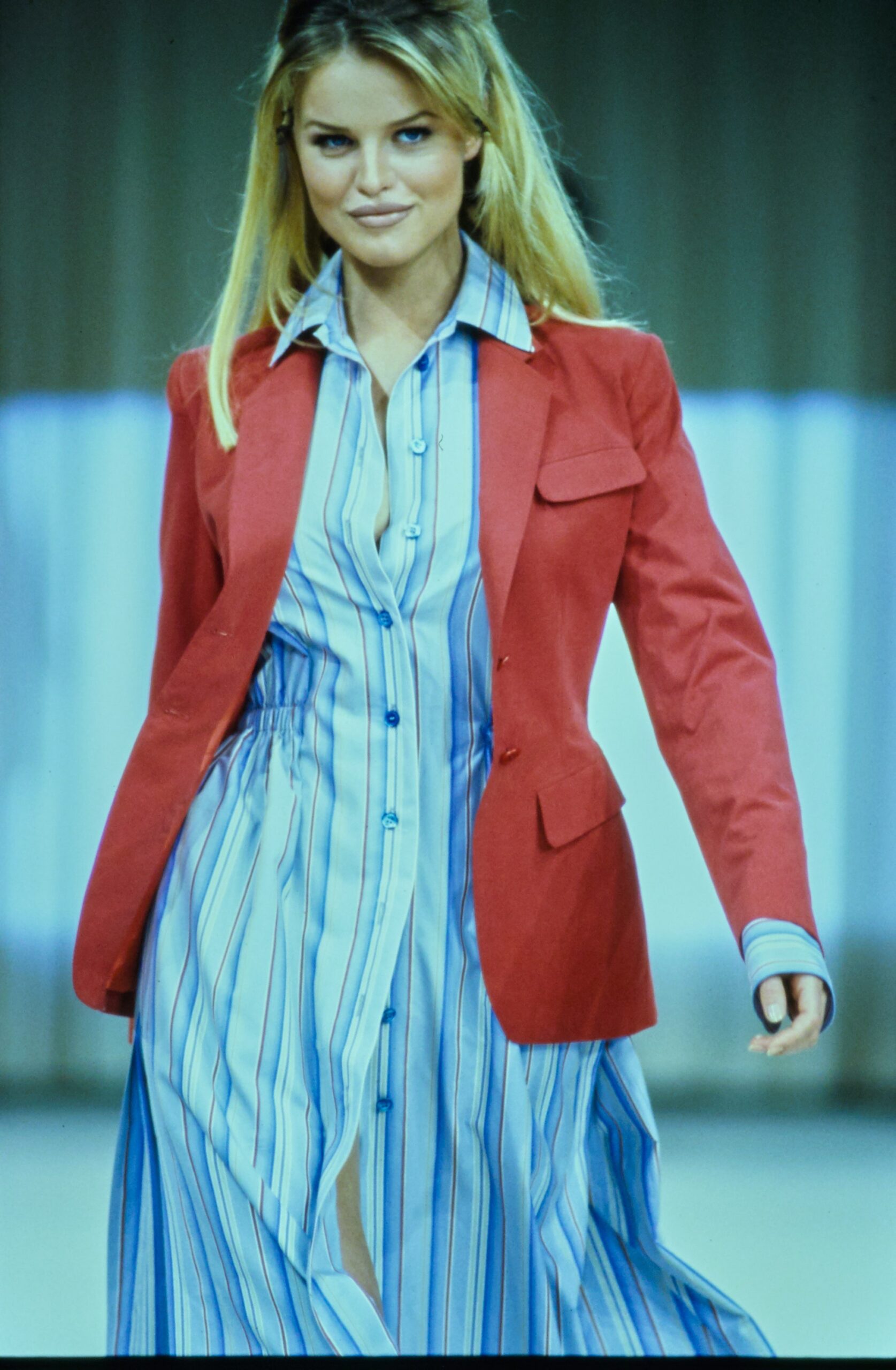red tailored blazer and striped shirt-dress