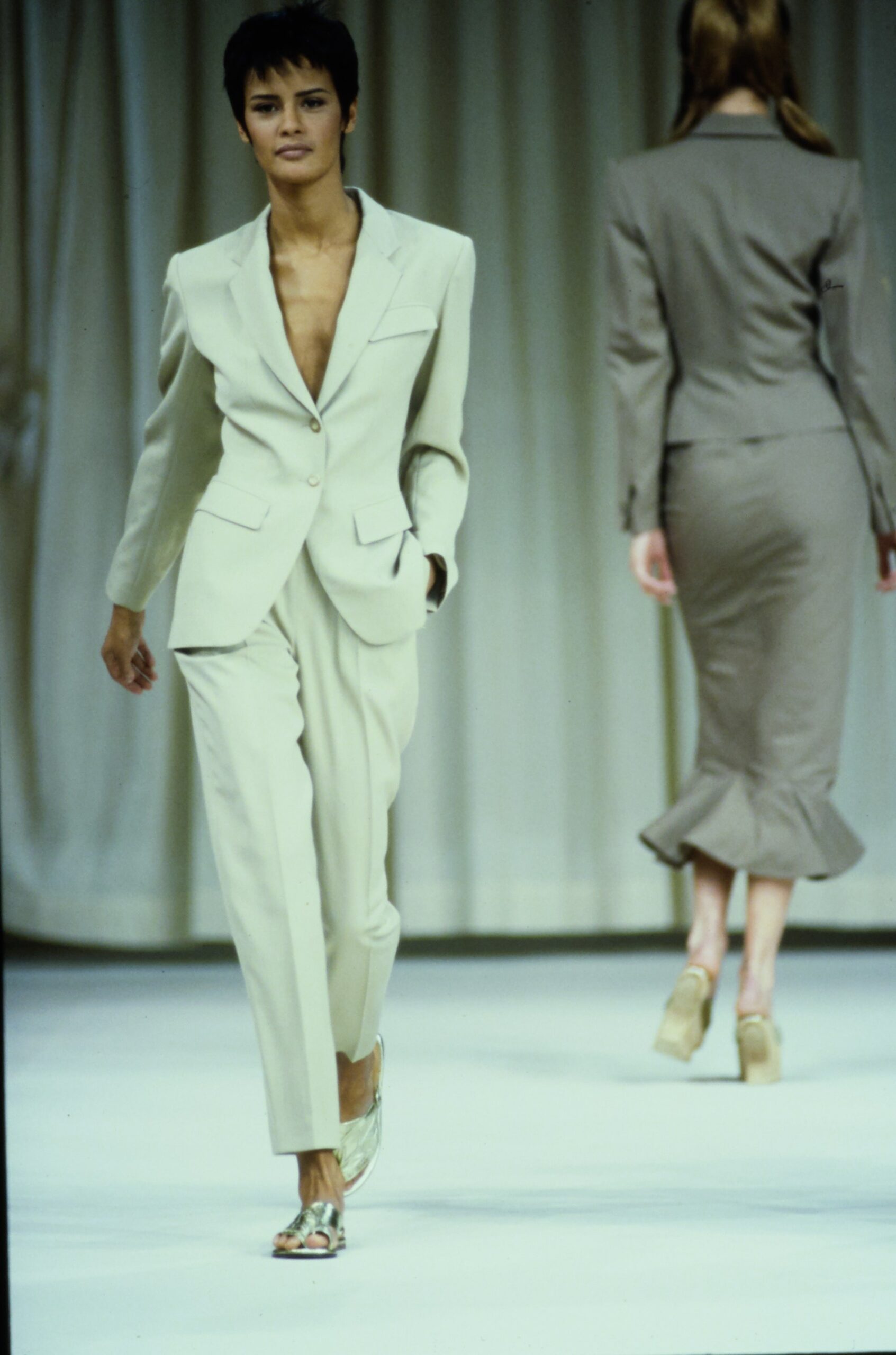 beige long-sleeve v-neck tailored buttoned suit