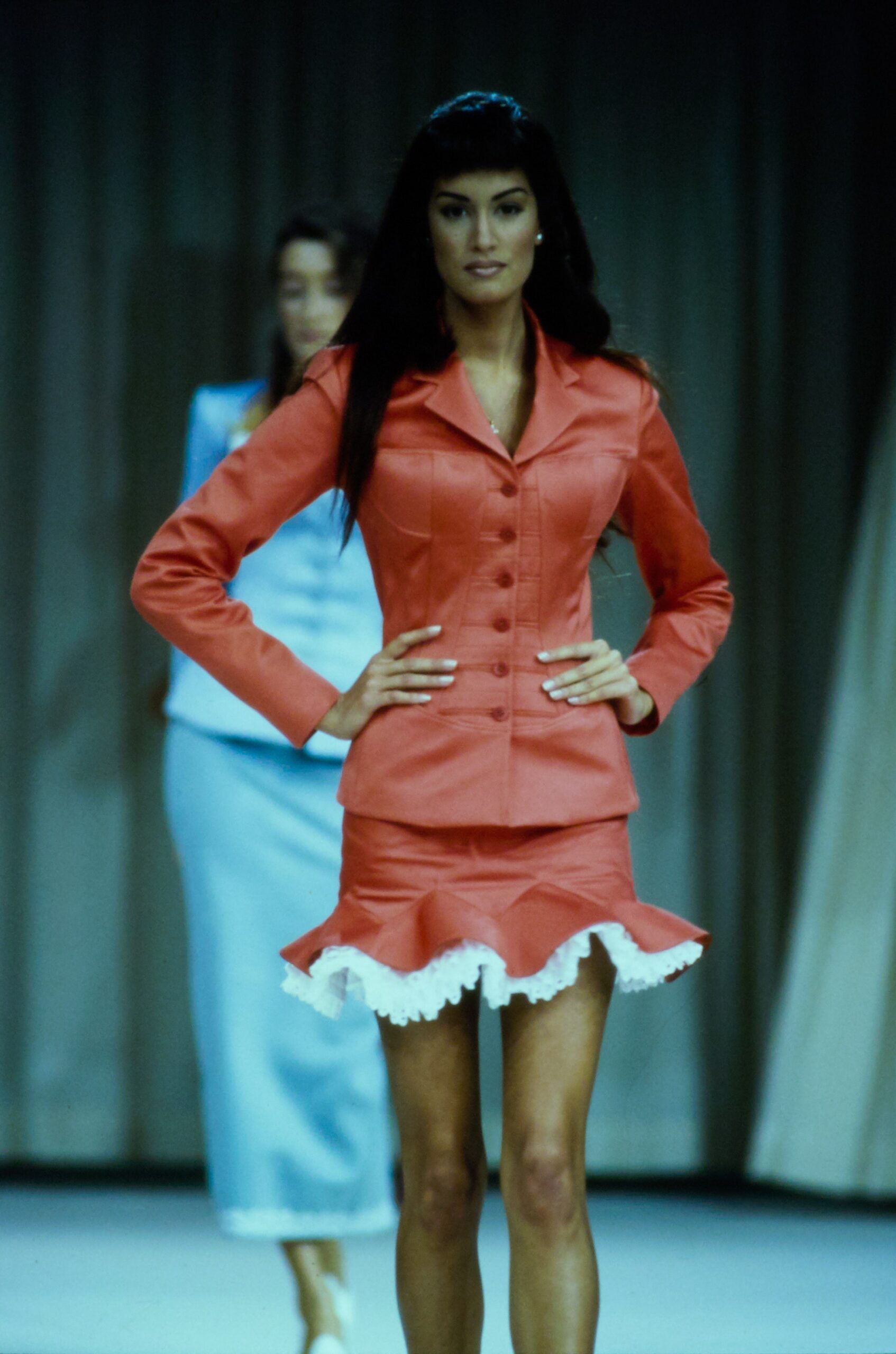 fitted red silk suit