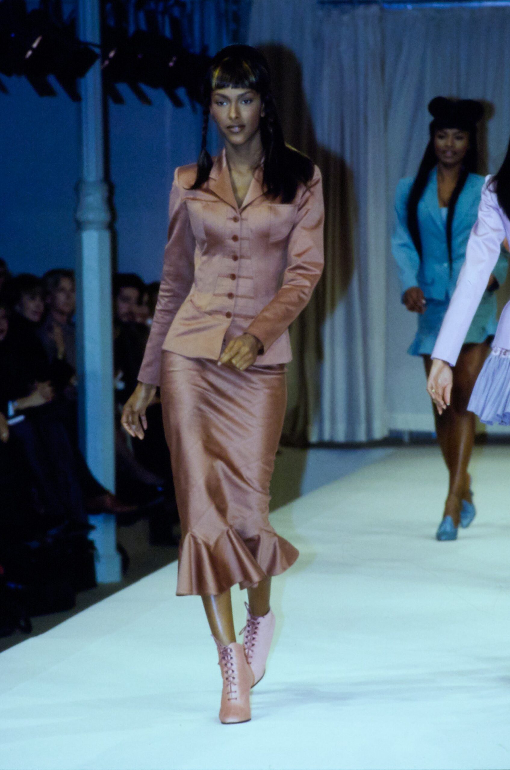 pink satin long-sleeve collared fitted flared shiny suit
